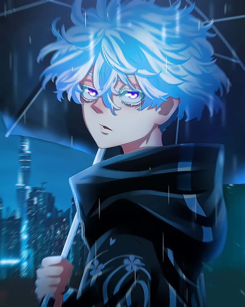Blue Haired Anime Character Rainy Cityscape Background