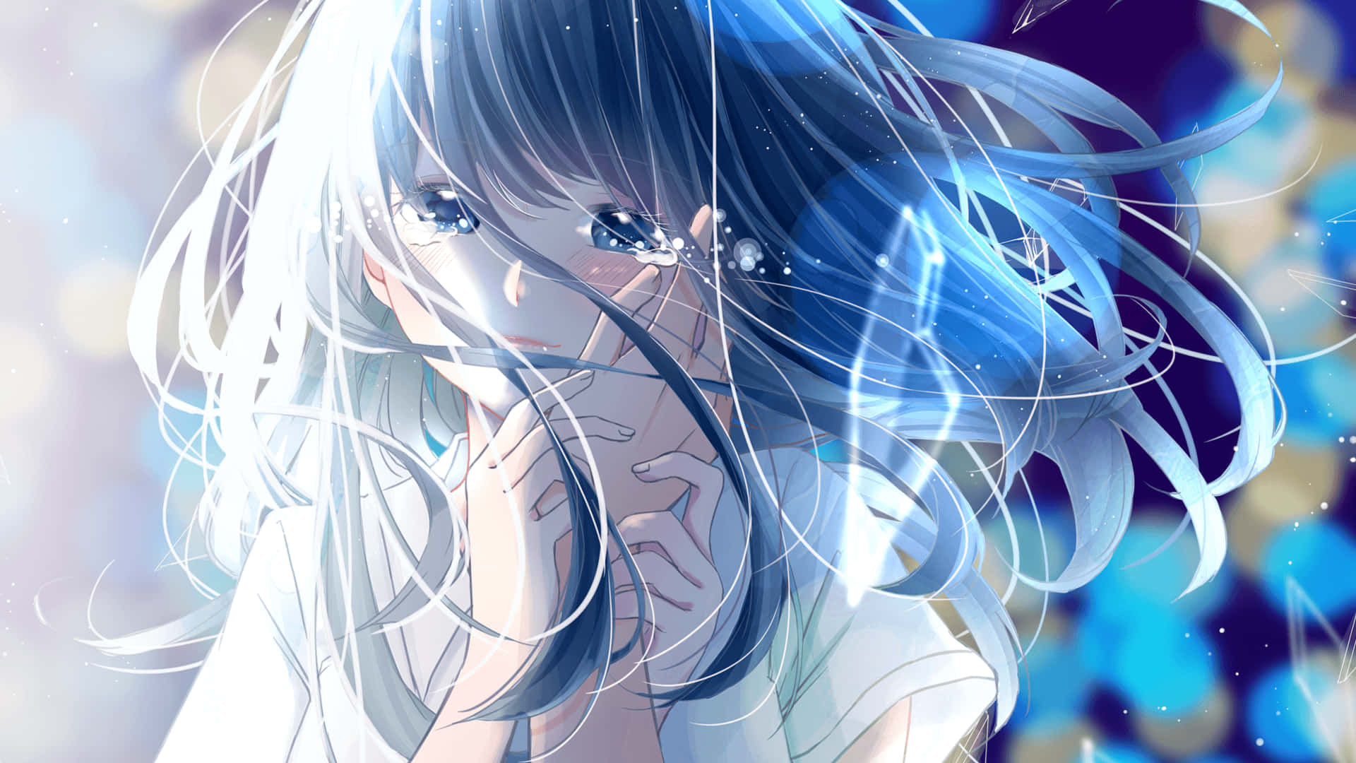 Blue Haired Anime Girl Crying Background