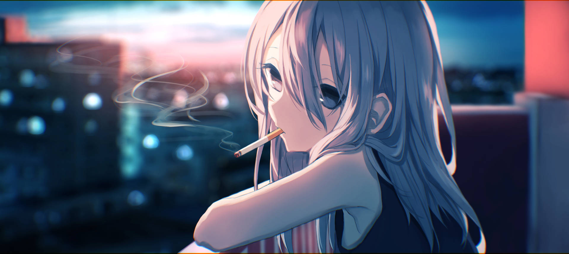 Blue-haired Anime Girl Smoking Background