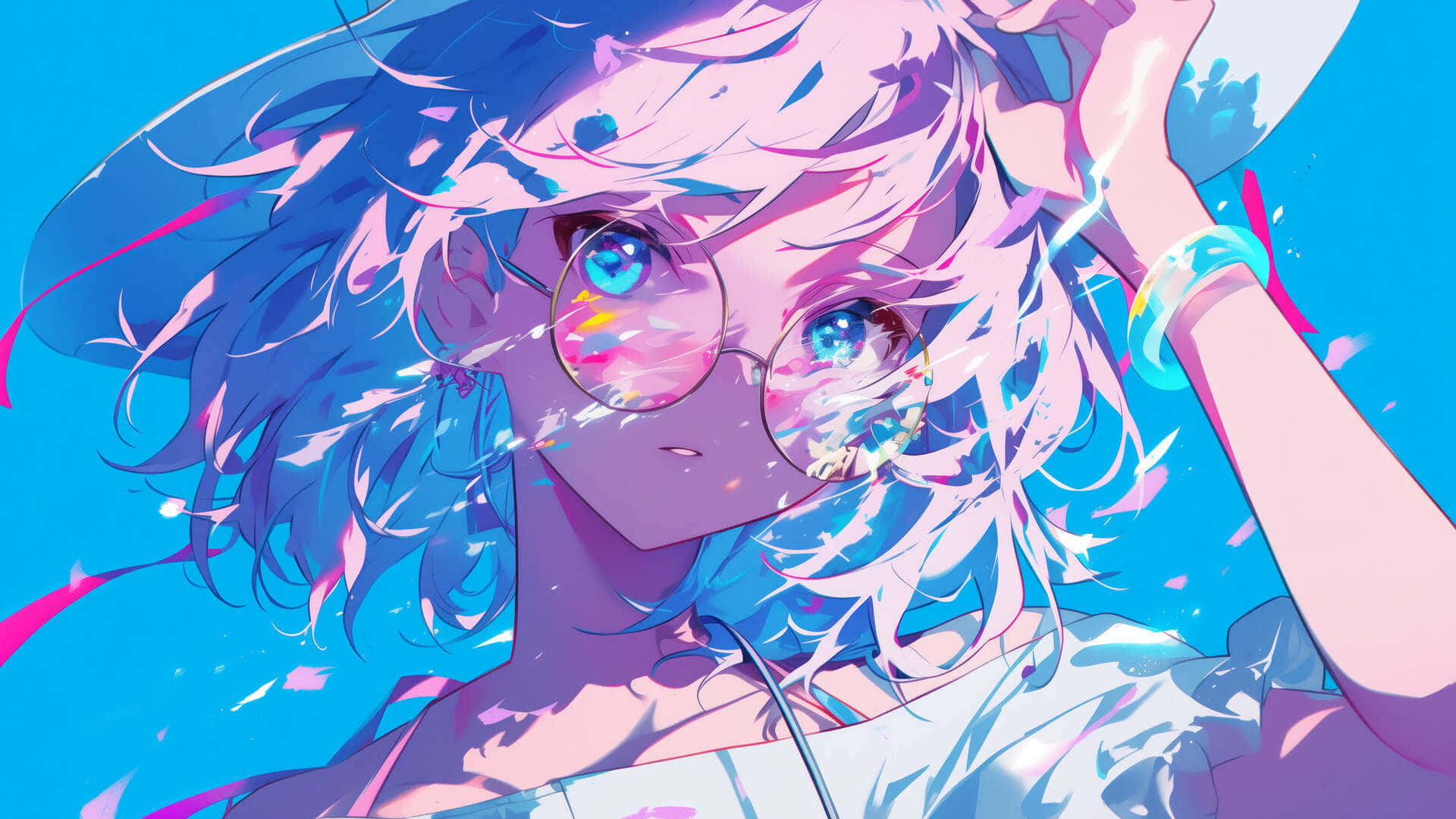 Blue Haired Anime Girlwith Glasses Background