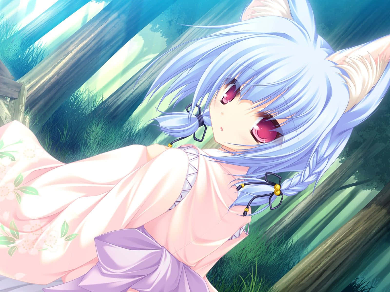Blue Haired Anime Neko Girlin Forest Background