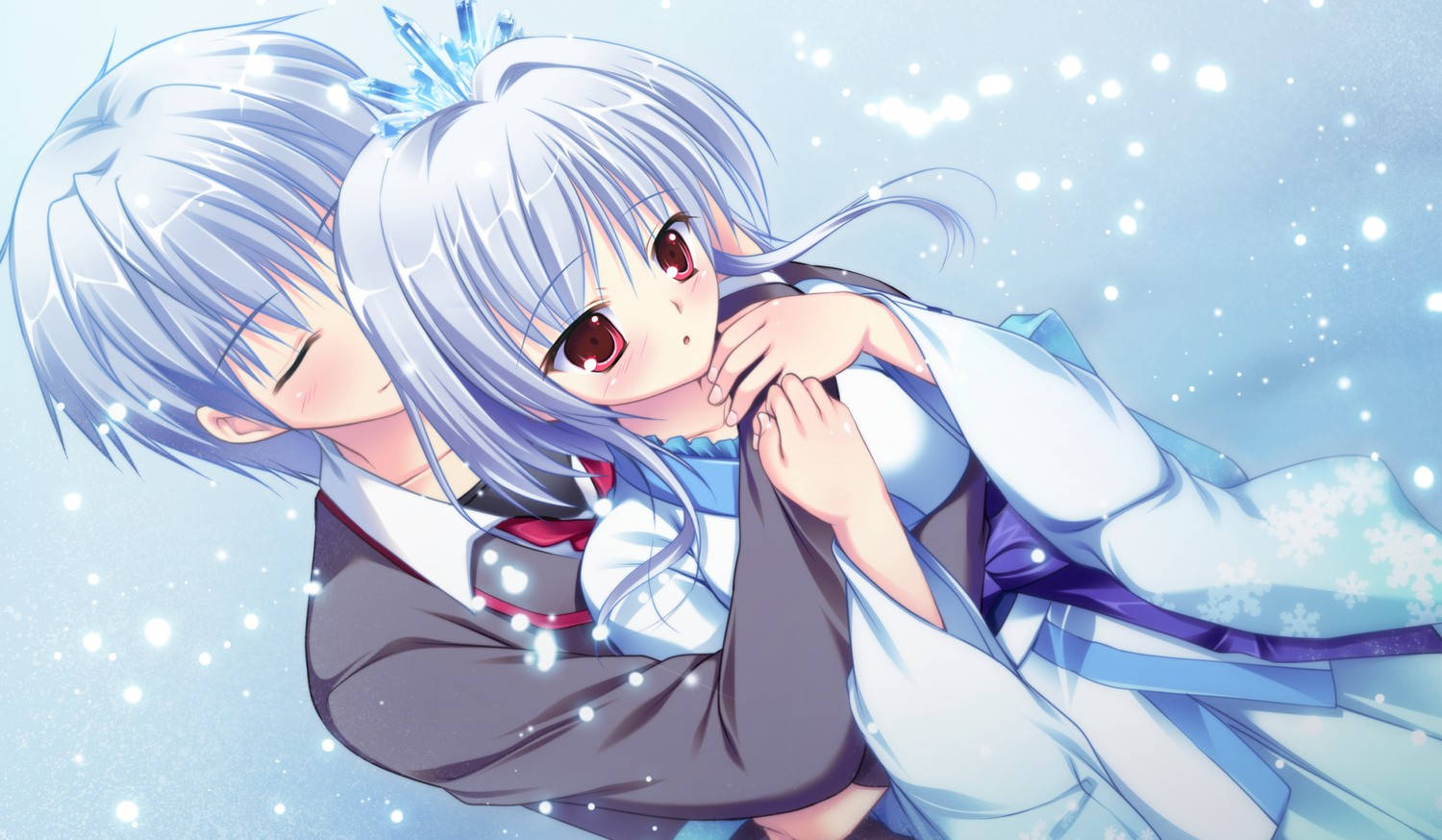 Blue-haired Couple Anime Hug Background