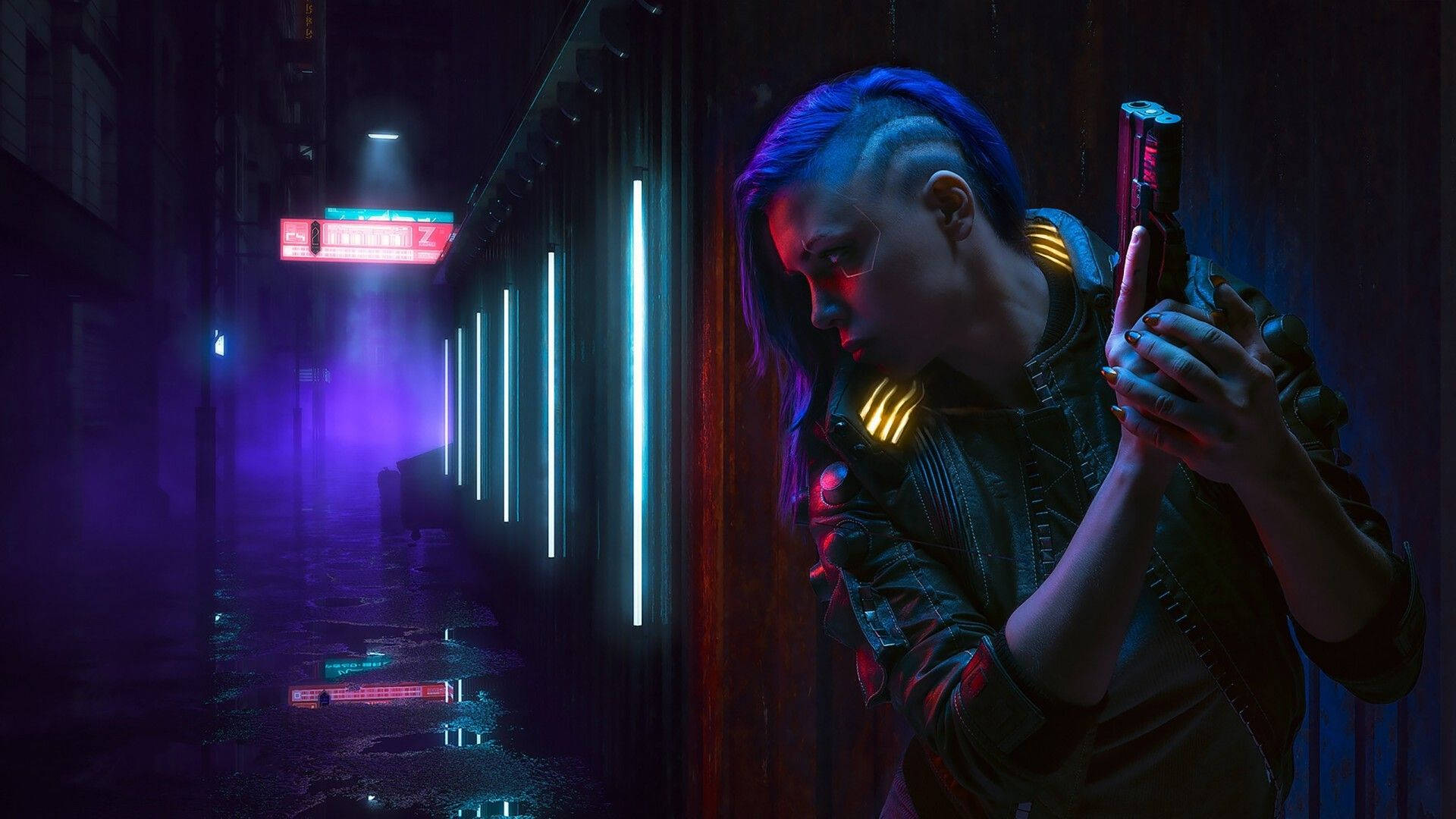 Blue Haired Girl Cyberpunk 1920x1080 Side Angle Shot Background