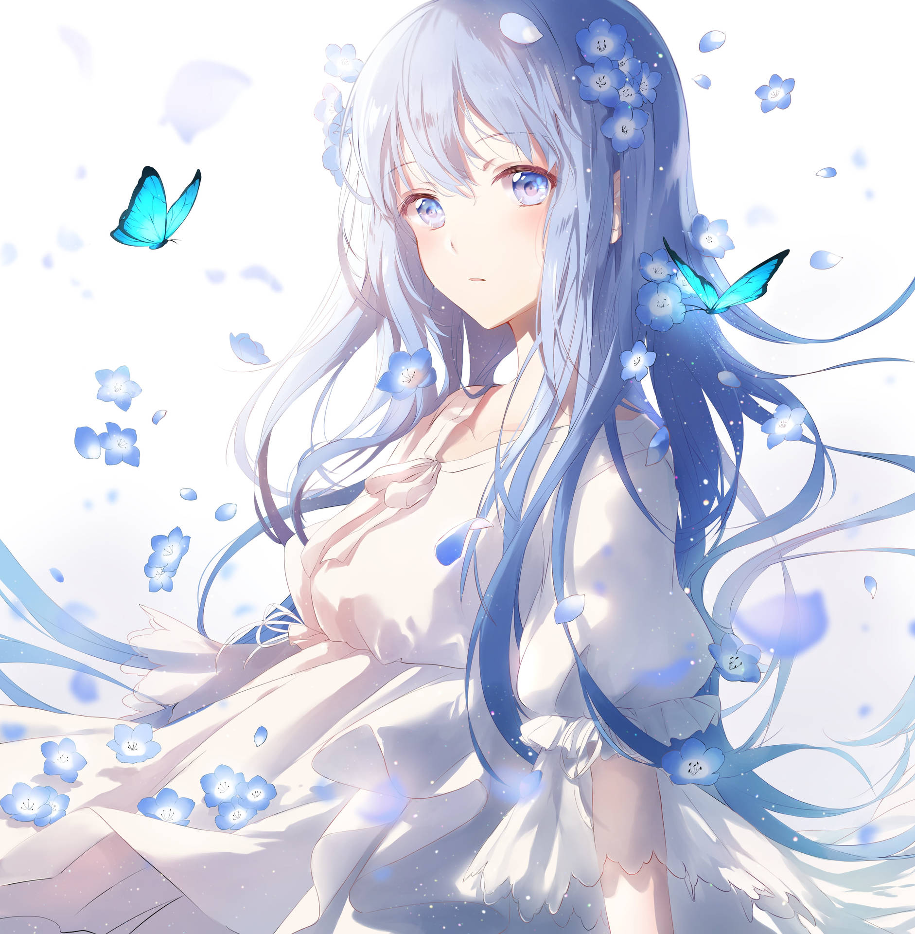 Blue-haired Girl With Butterflies Background