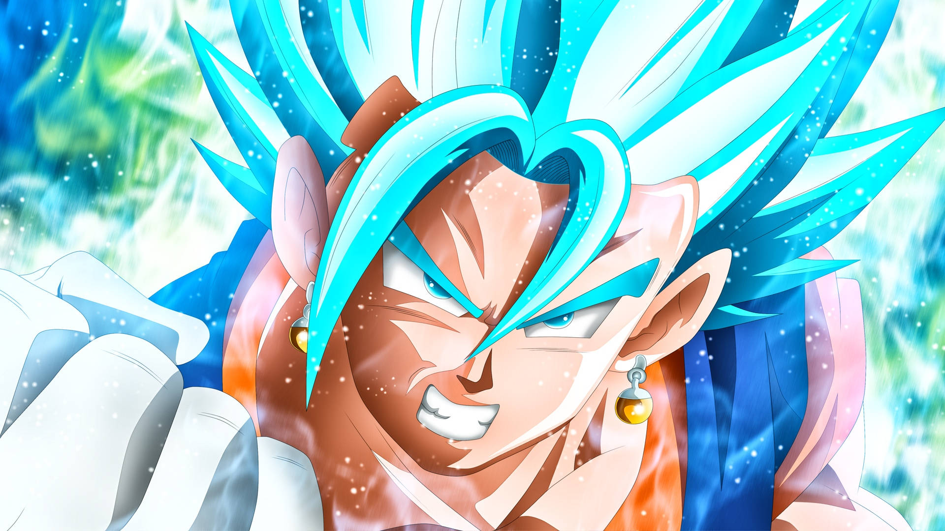 Blue-haired Vegito Clenching His Fist Background