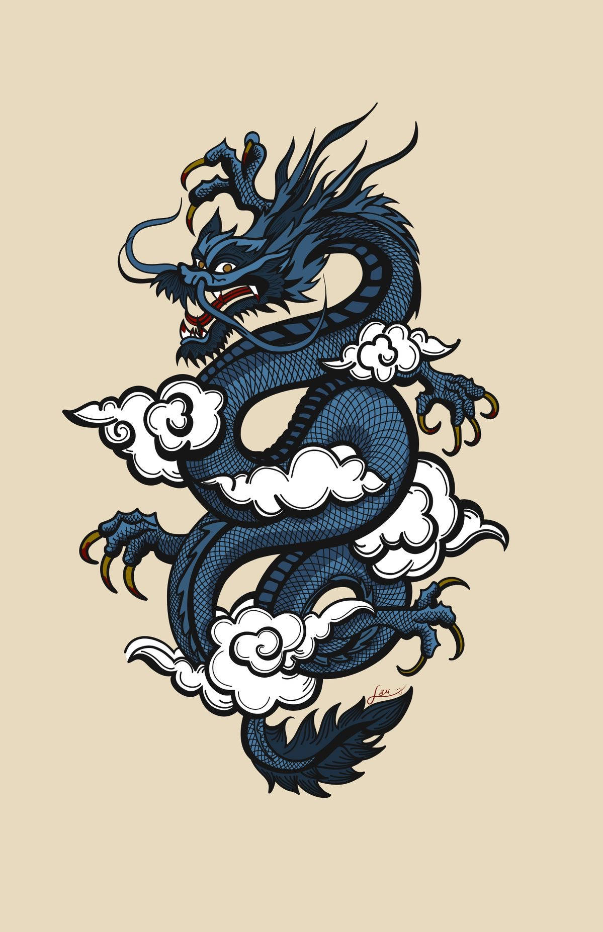 Blue Japanese Dragon Tattoo Vector Art