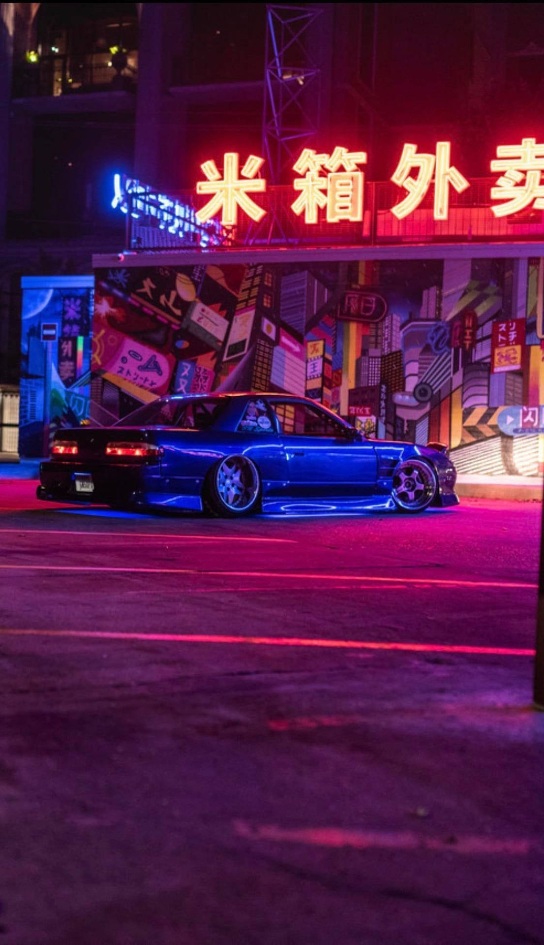 Blue Jdm Car With Neon Lights Background