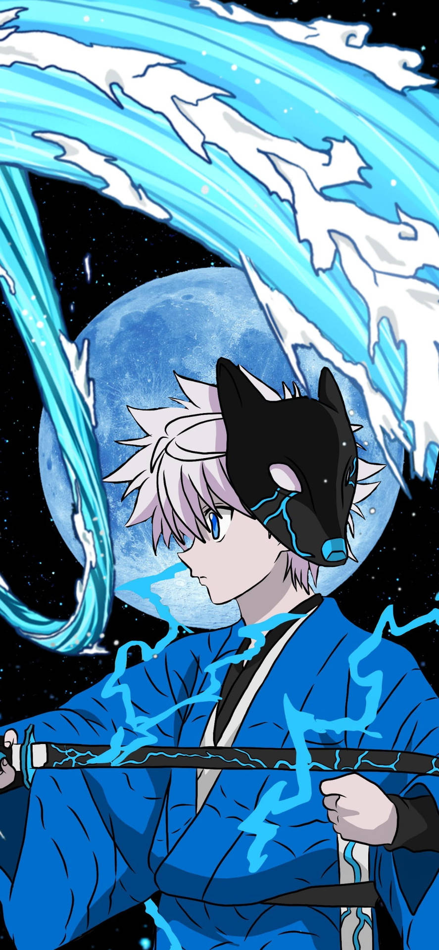 Blue Killua Zoldyck With Fox Mask Background