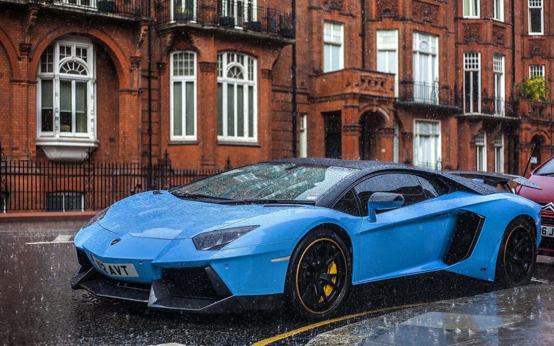 Blue Lamborghini Aventador Rain Cool Background