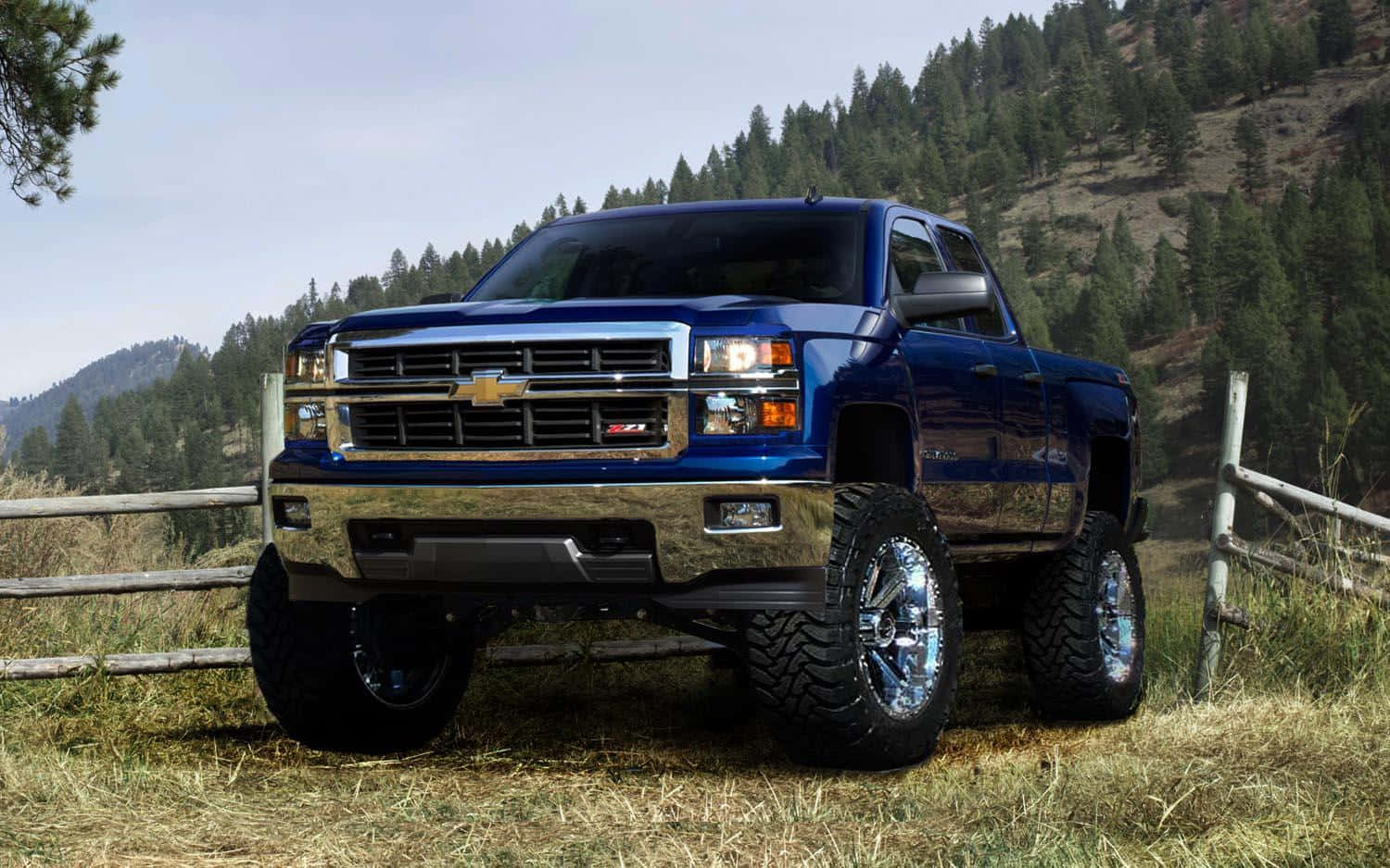 Blue Lifted Truck On Field Background