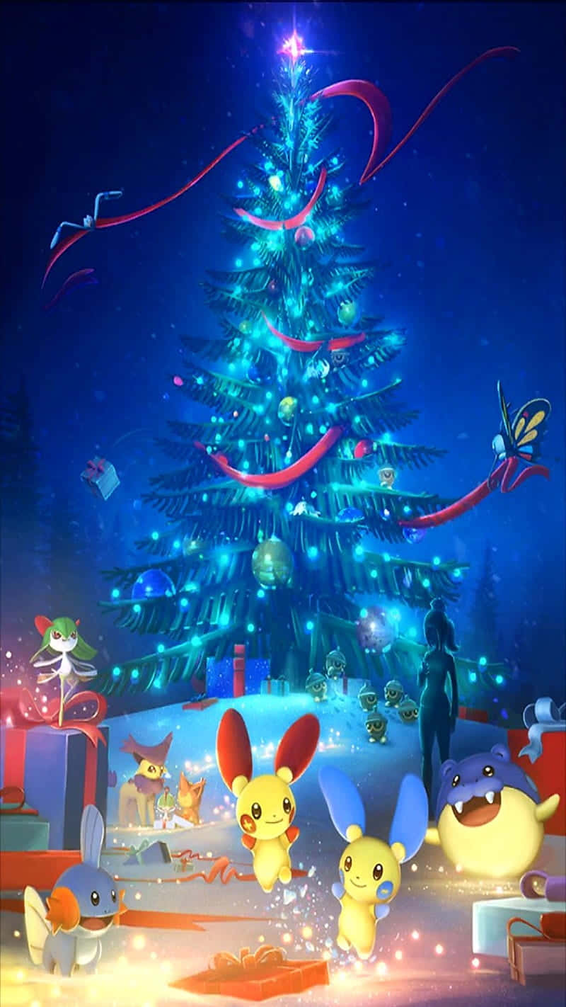 Blue Lighted Pokémon Christmas Tree Background
