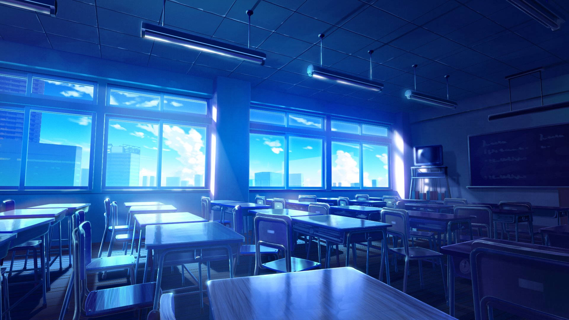 Blue Lighting On Anime Classroom