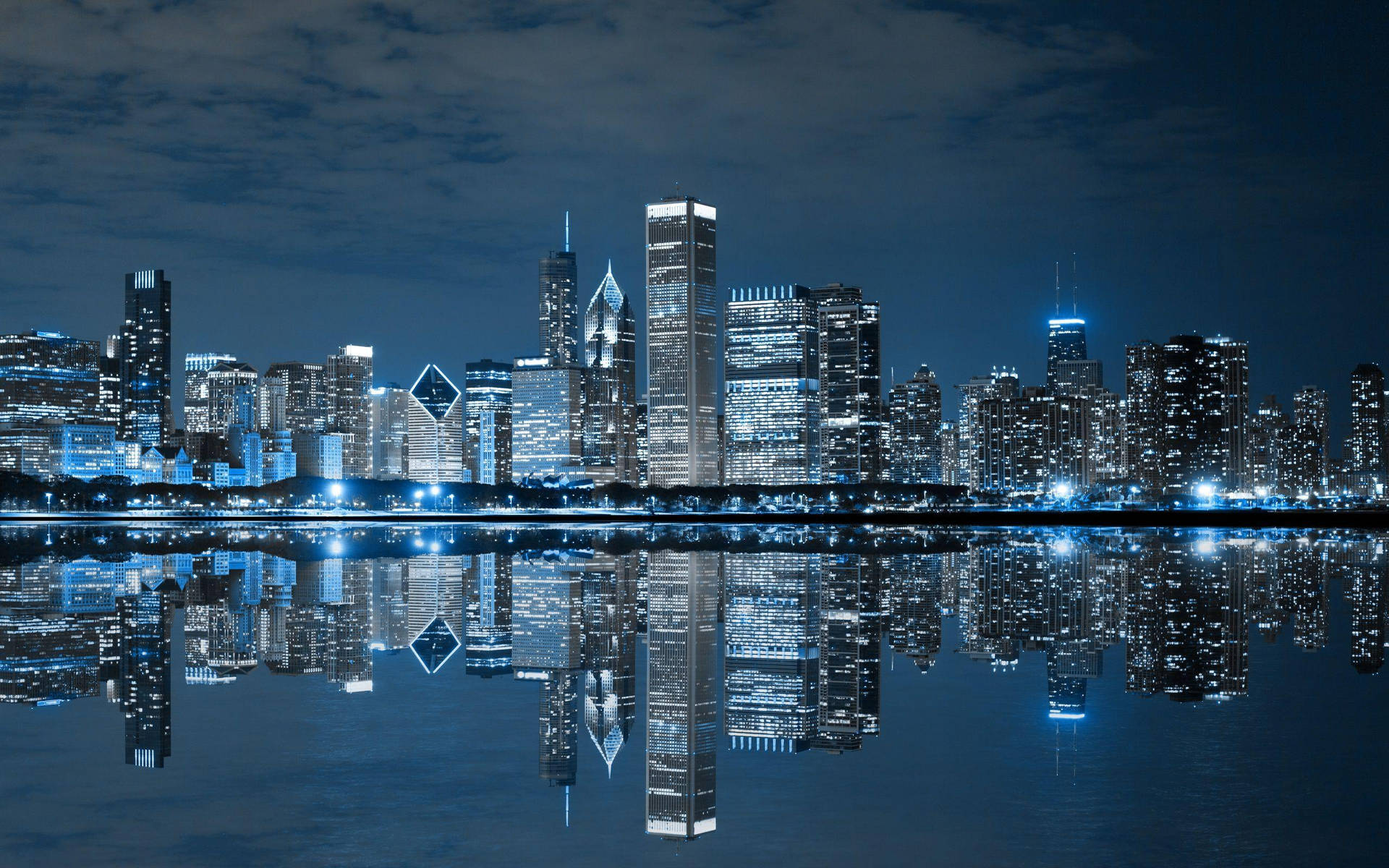 Blue Lights Night Chicago Skyline Background