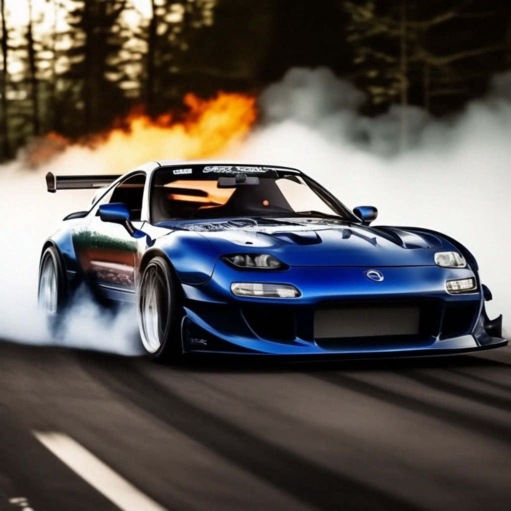 Blue Mazda R X7 Drifting With Flames Background