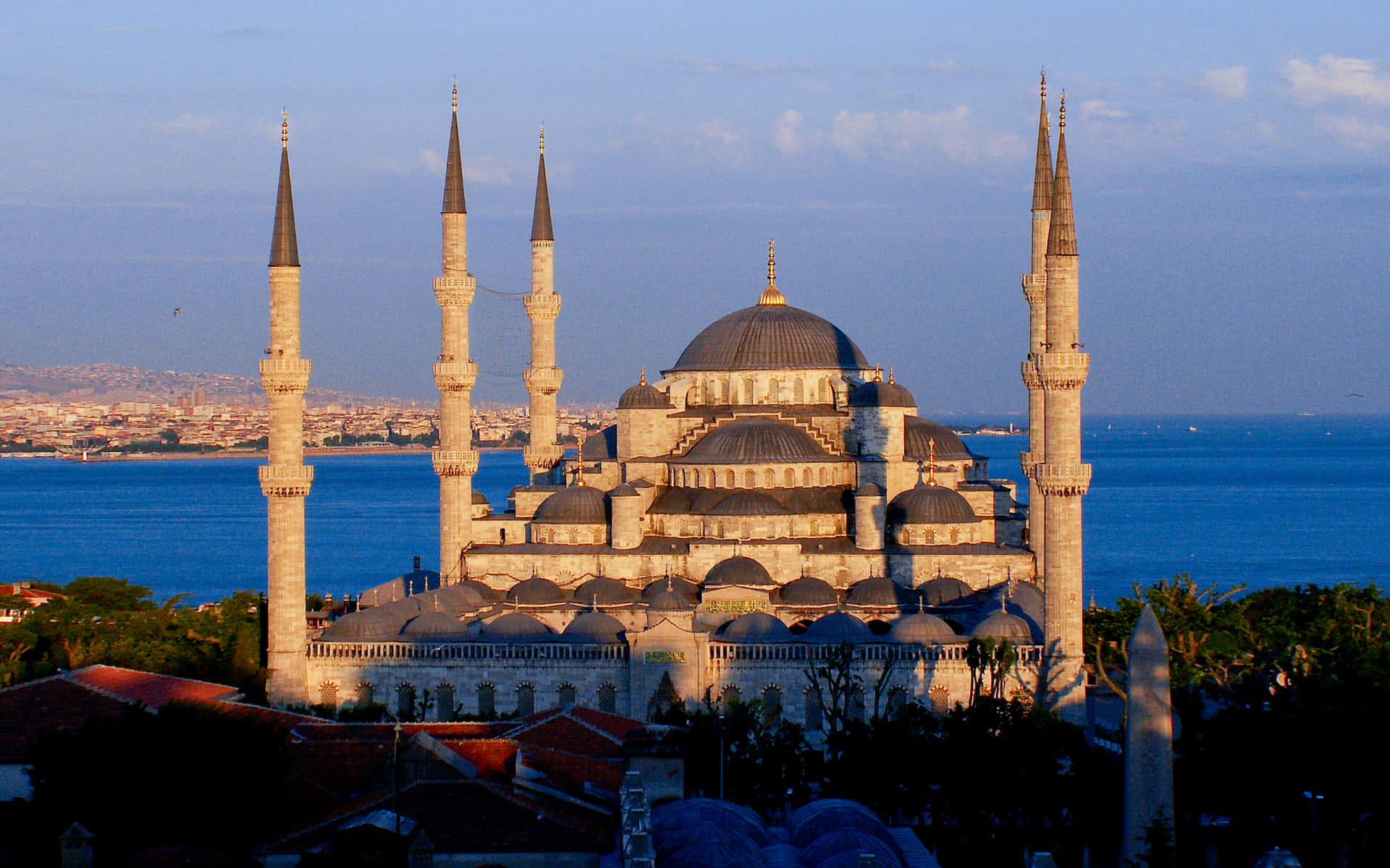 Blue Mosque Against Blue Ocean Background