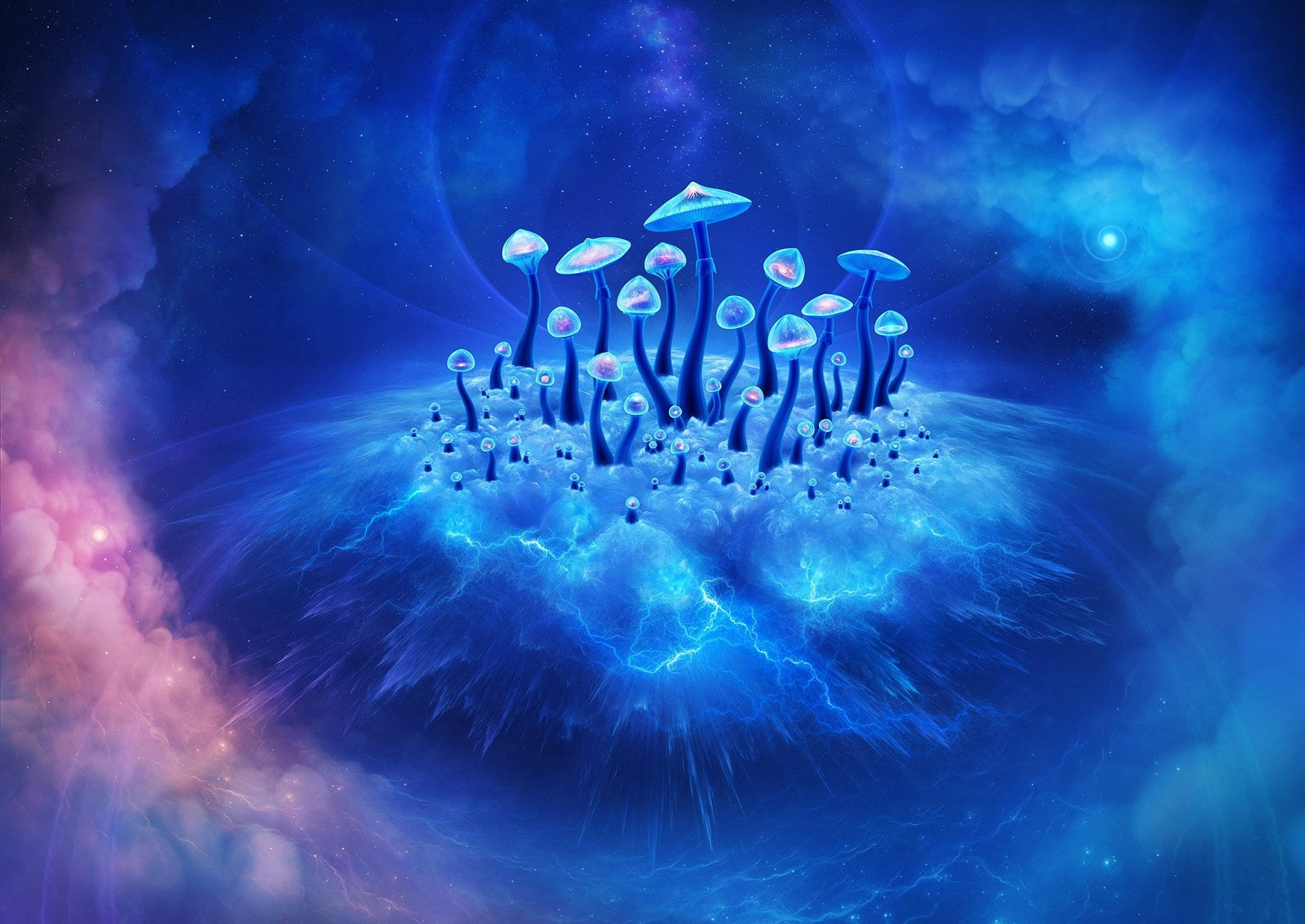 Blue Mushrooms On Psychedelic Cloud Background