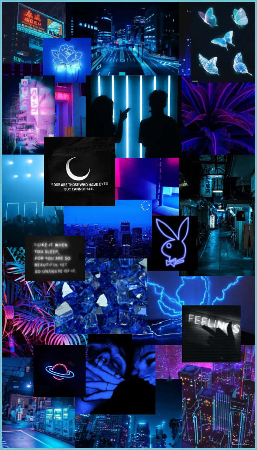 Blue Neon Aesthetic Collage Background