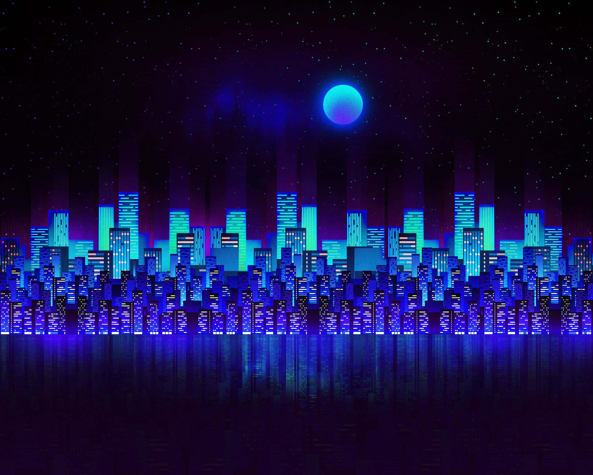 Blue Neon Cityscape Reflection Background