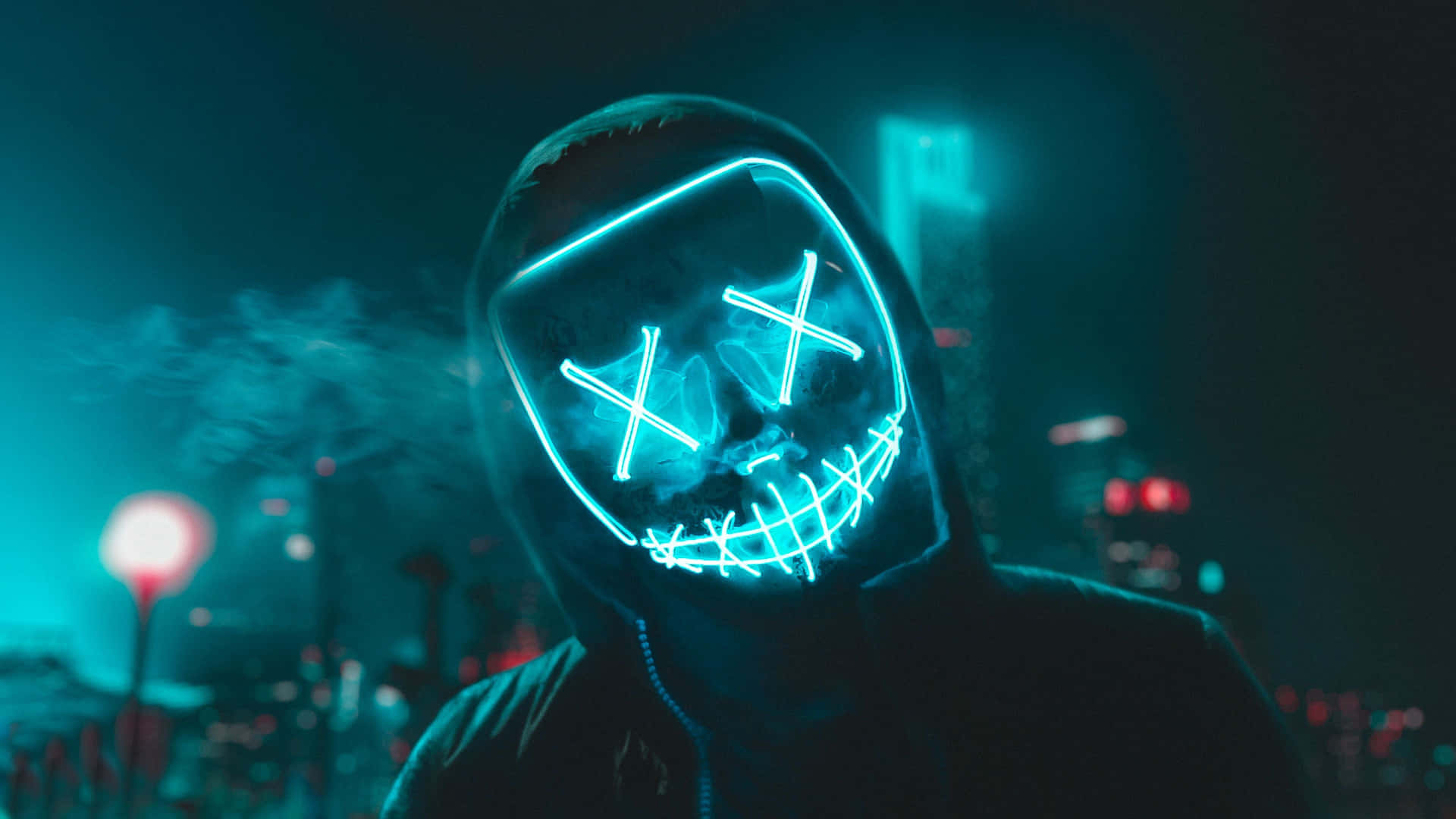 Blue Neon Smiling Mask In 4k Quality Background