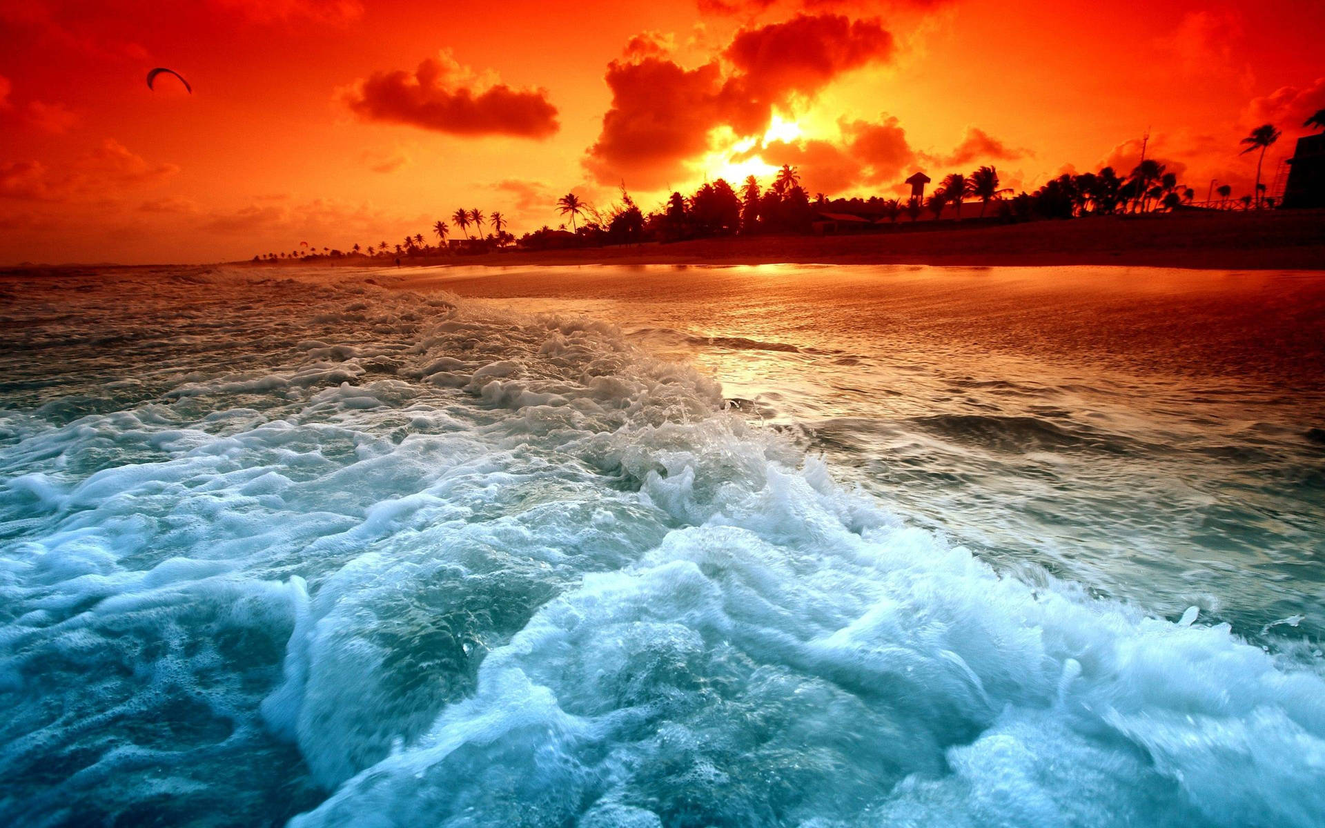 Blue Ocean Waves Orange Sunset Background