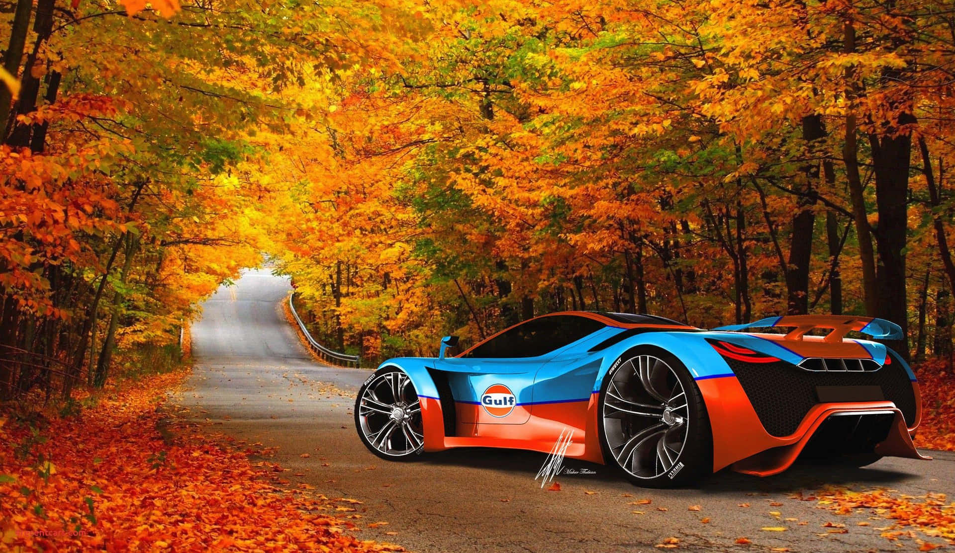 Blue Orange Ferrari Parked Autumn Expensive Background