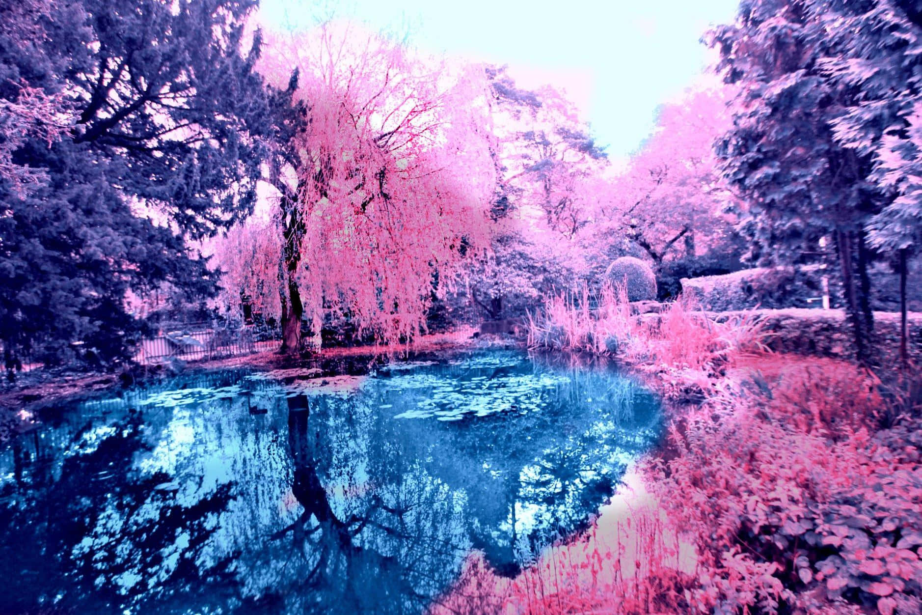 Blue Pond With Pink Trees Background