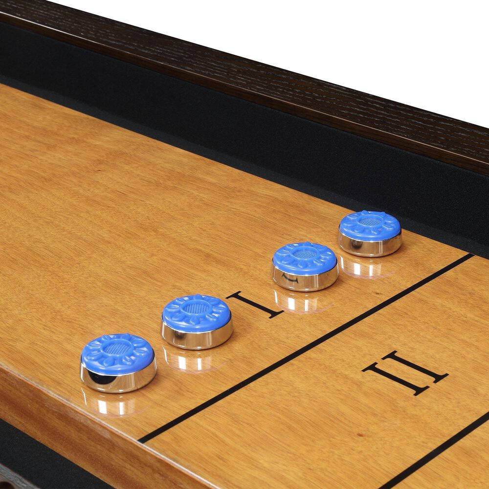 Blue Pucks On Hanover Shuffleboard Table Background