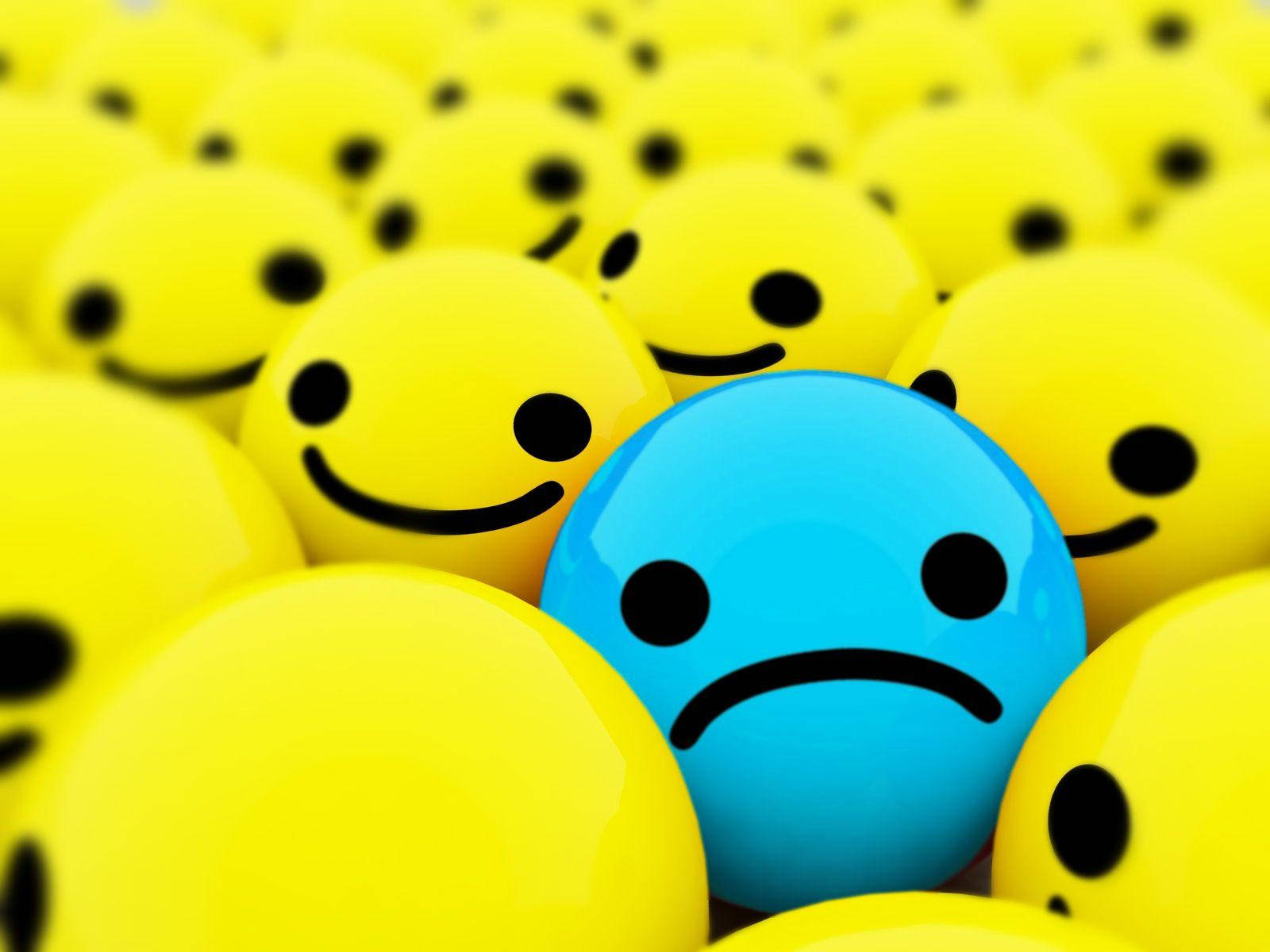 Blue Sad Emoji Among Smileys Background