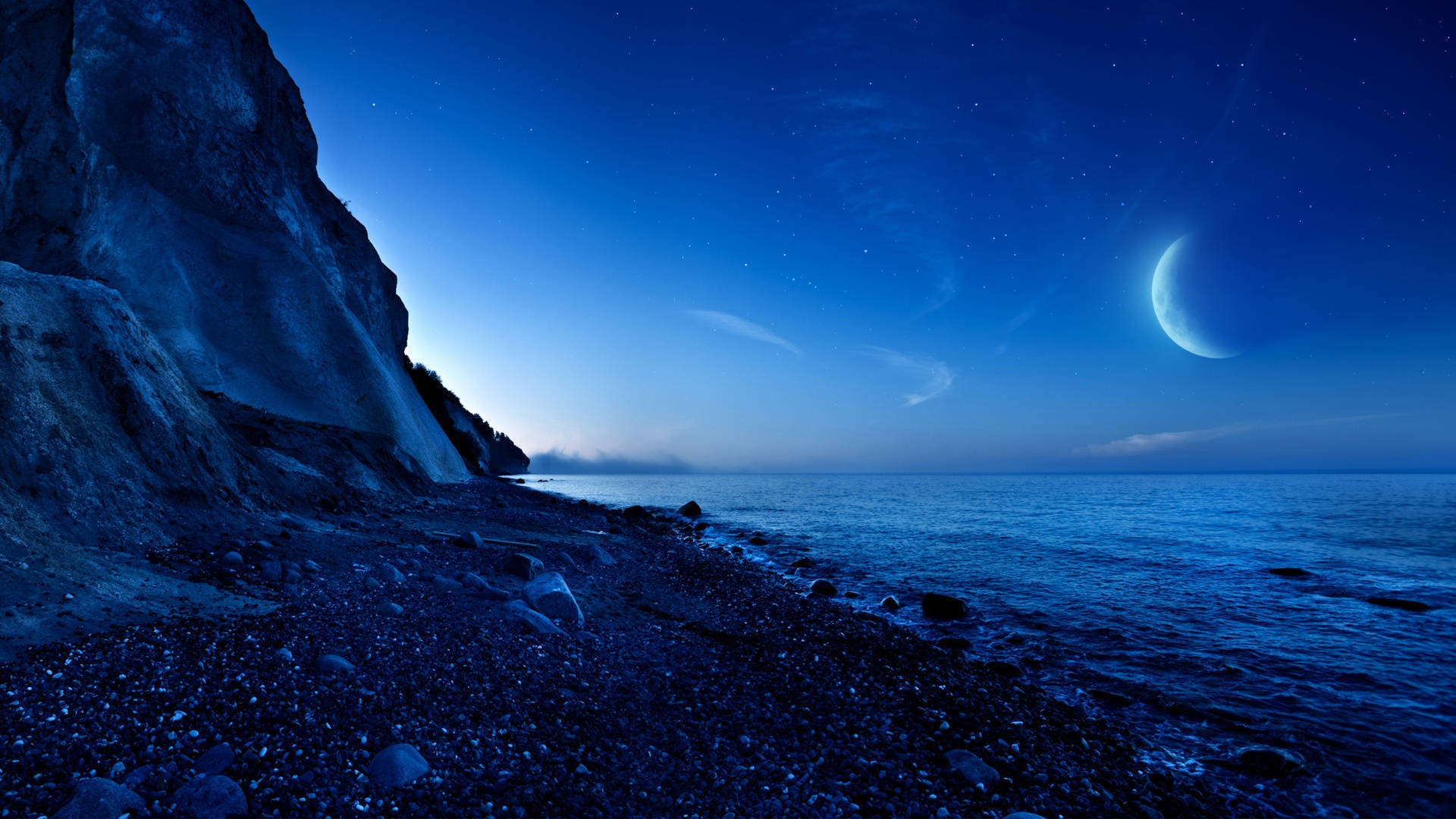 Blue Seashore Crescent Moon Background