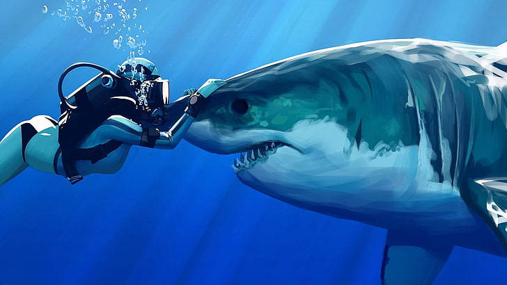 Blue Shark Diver Painting Background