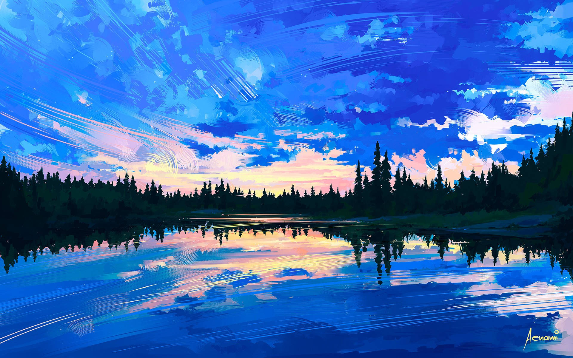 Blue Sunset Clouds Painting Background