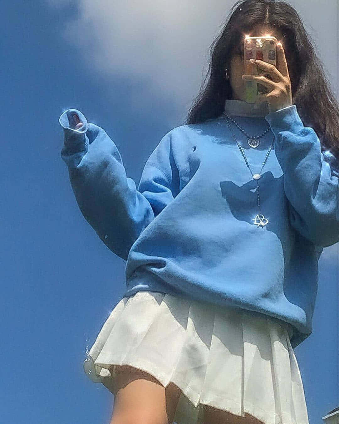 Blue Sweater Sky Reflection Girl.jpg Background