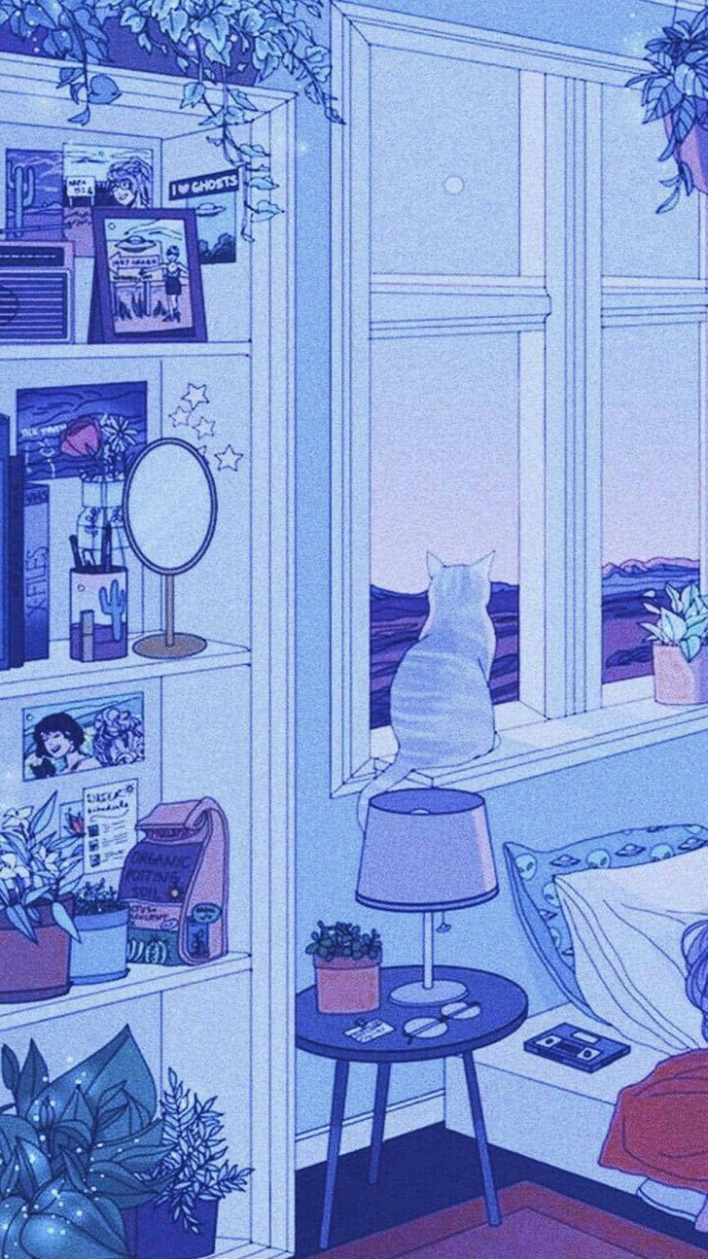Blue Toned Anime Roomwith Cat