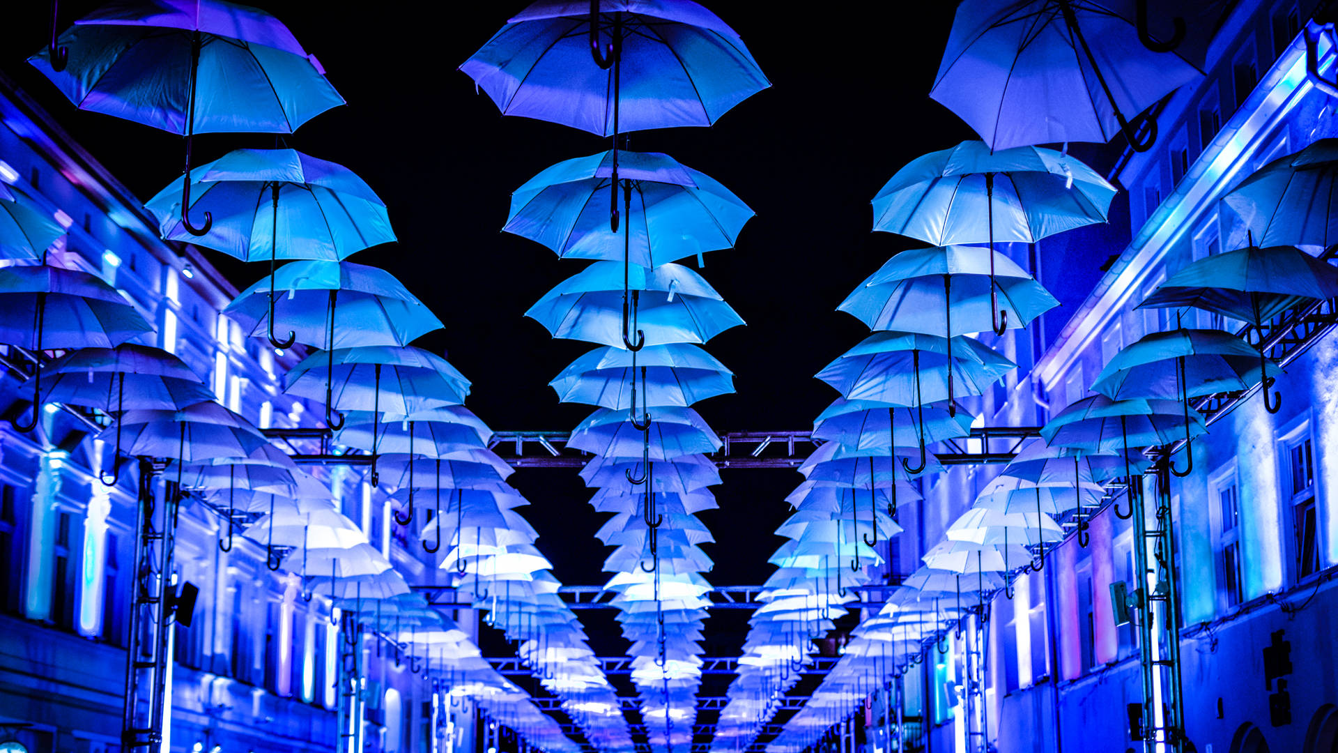 Blue Umbrellas On The Ceiling Background