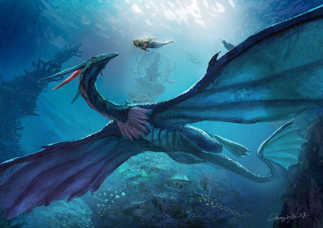 Blue Water Dragon Swims Background