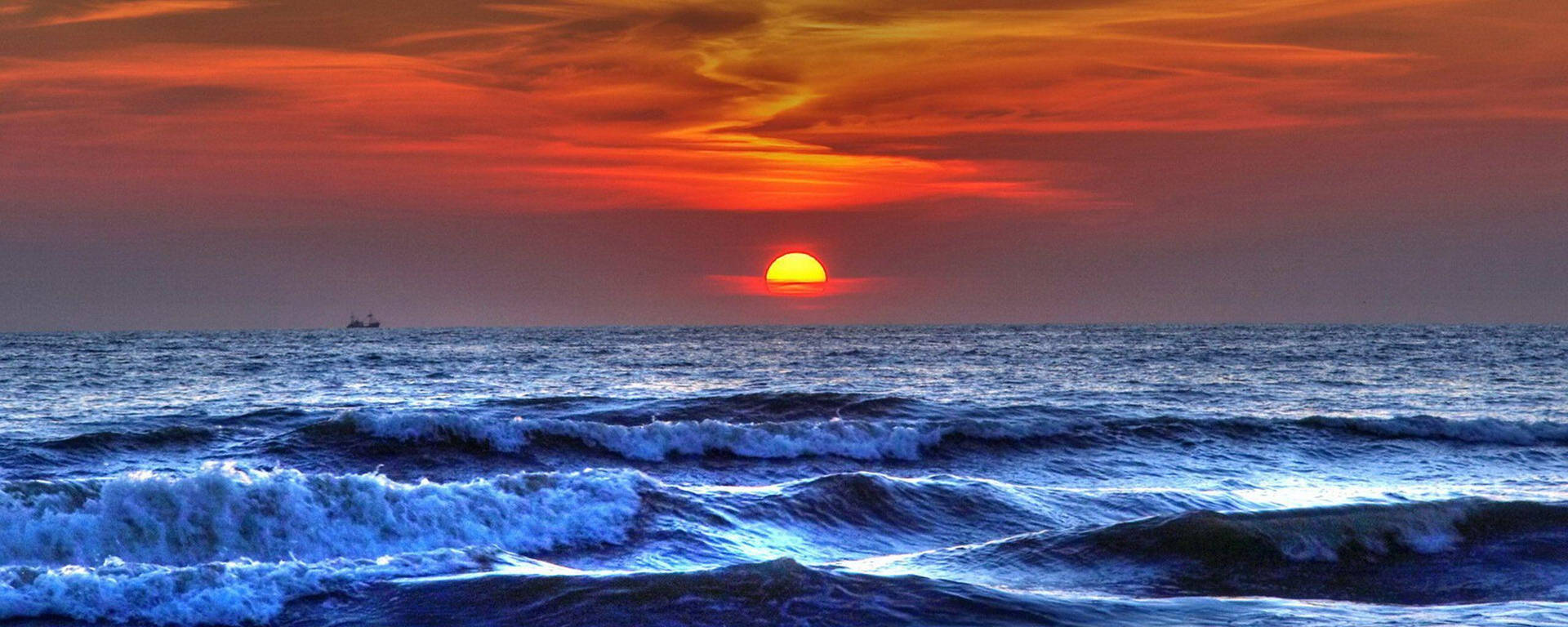Blue Wave Ocean Sunset Background