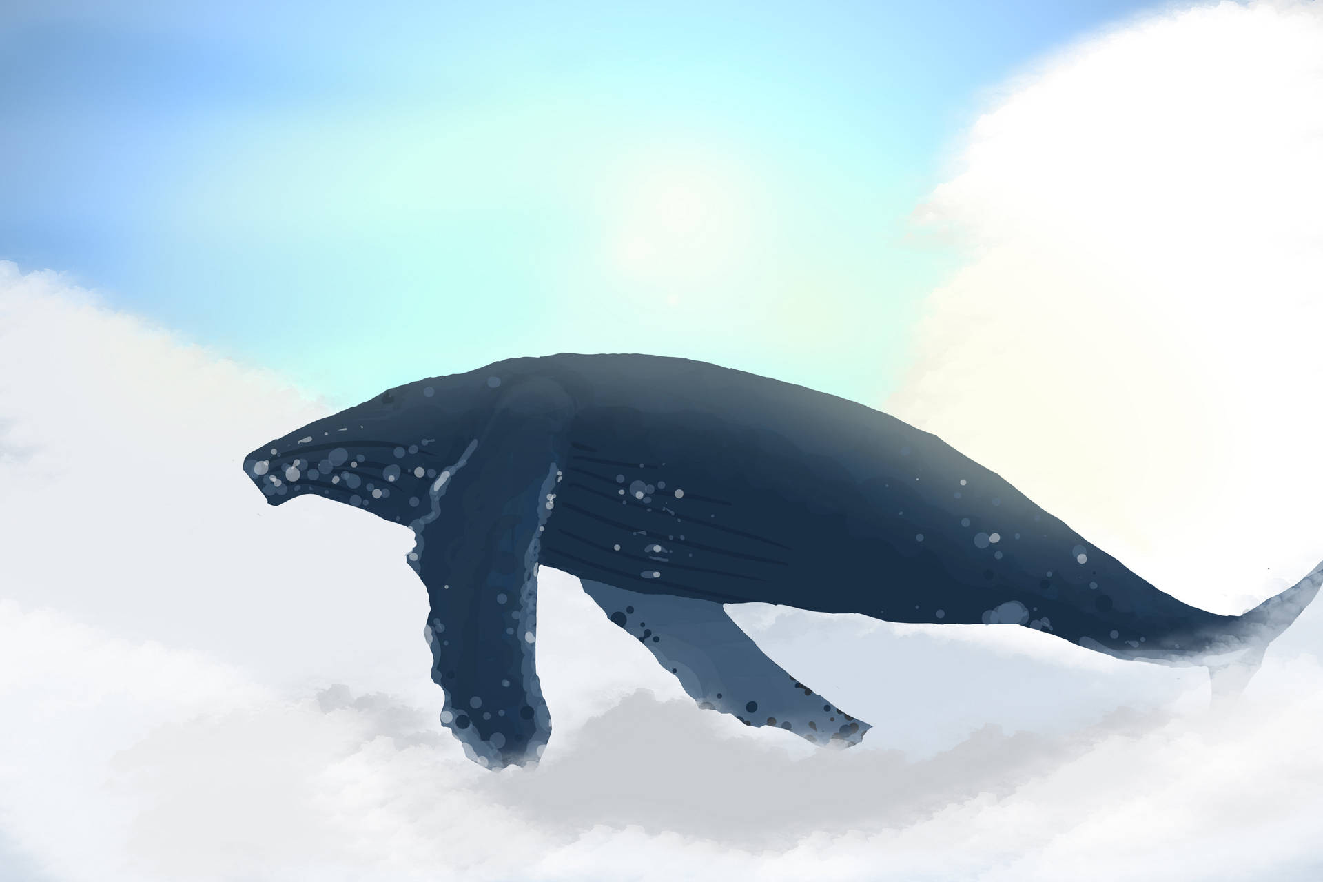 Blue Whale Floating In Clouds Background