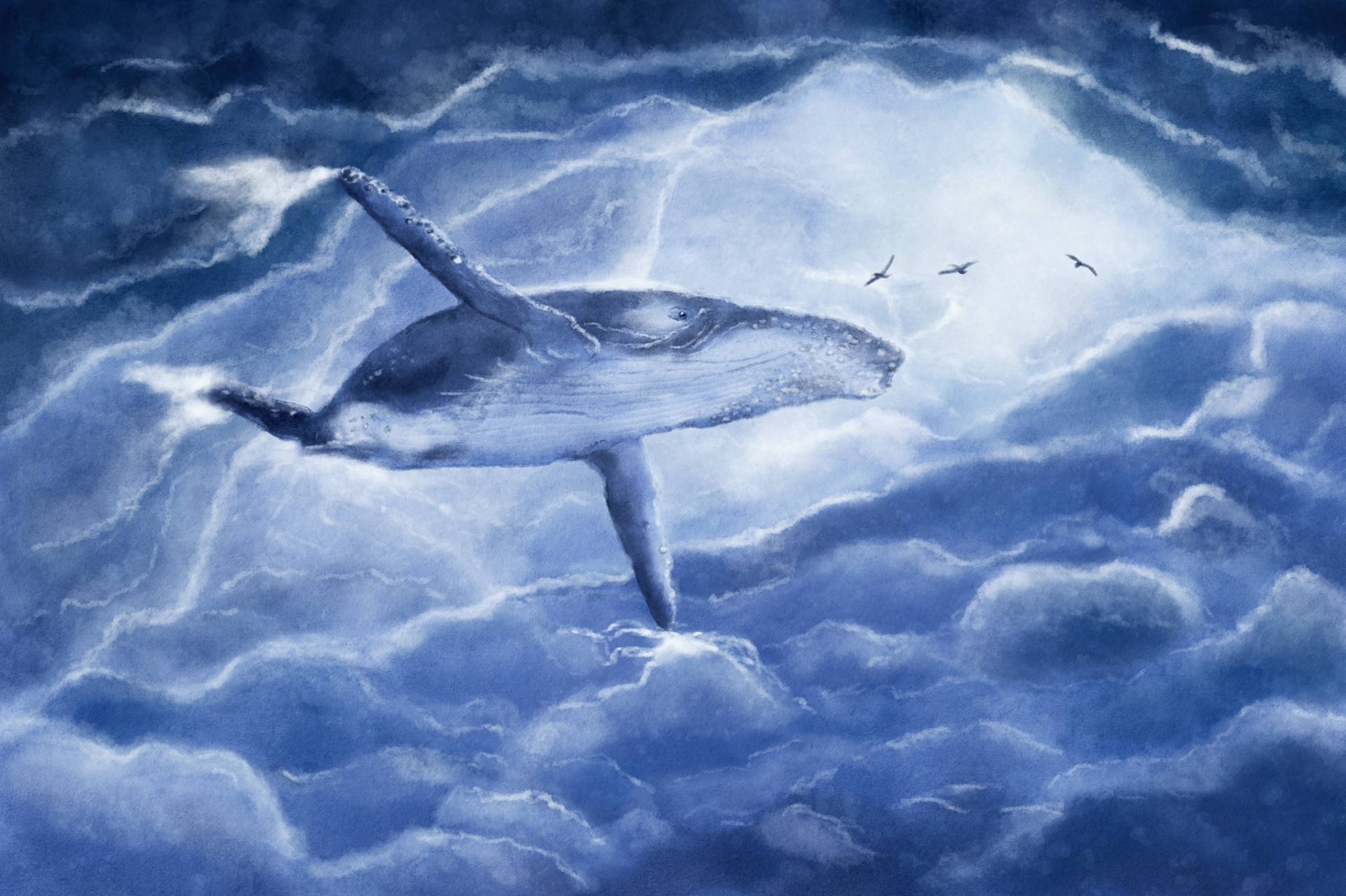 Blue Whale Flying Near Clouds Background