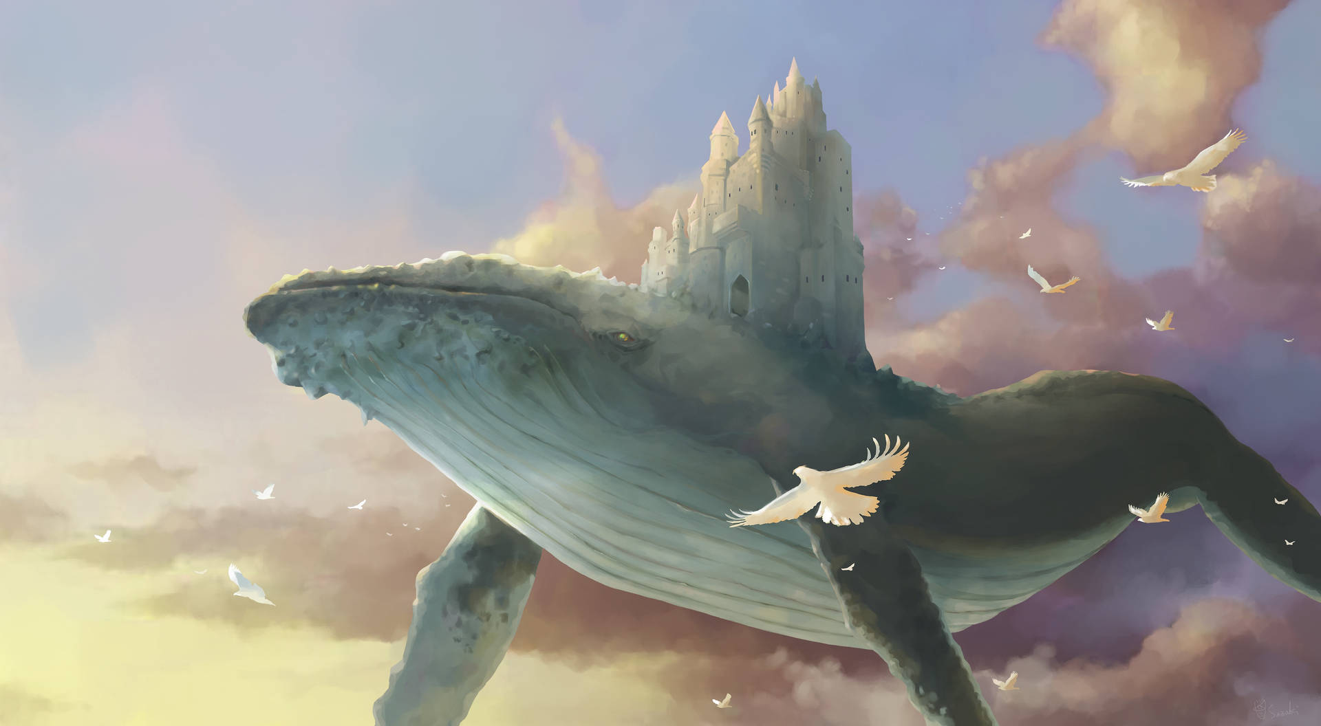 Blue Whale With Castle On Back Background
