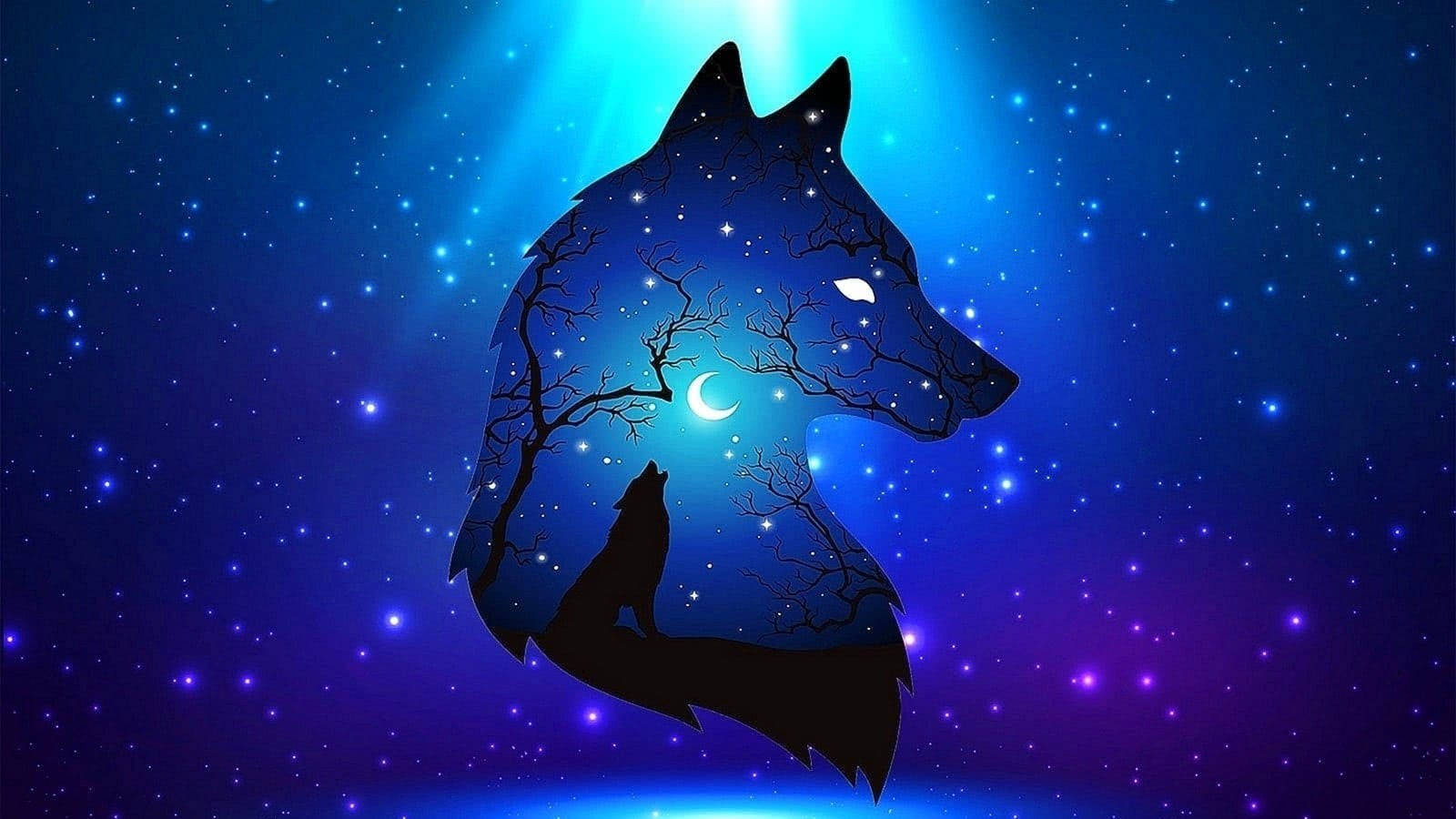 Blue Wolf And Crescent Moon