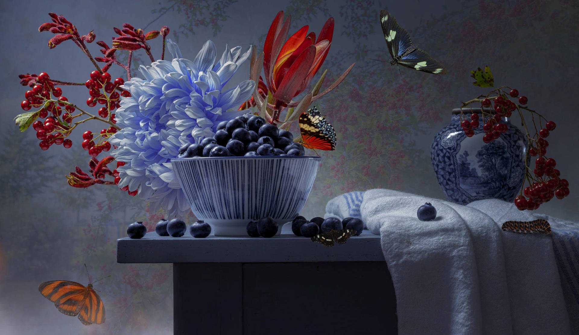 Blueberries And Butterflies Background