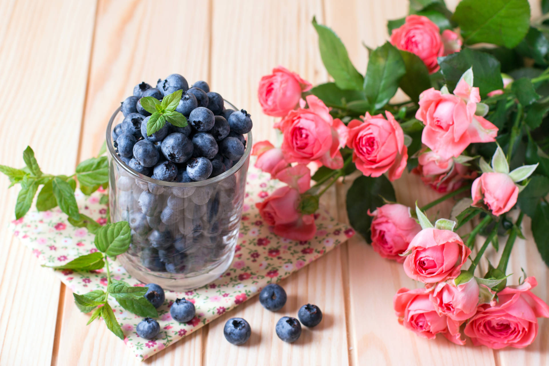 Blueberries And Roses Background