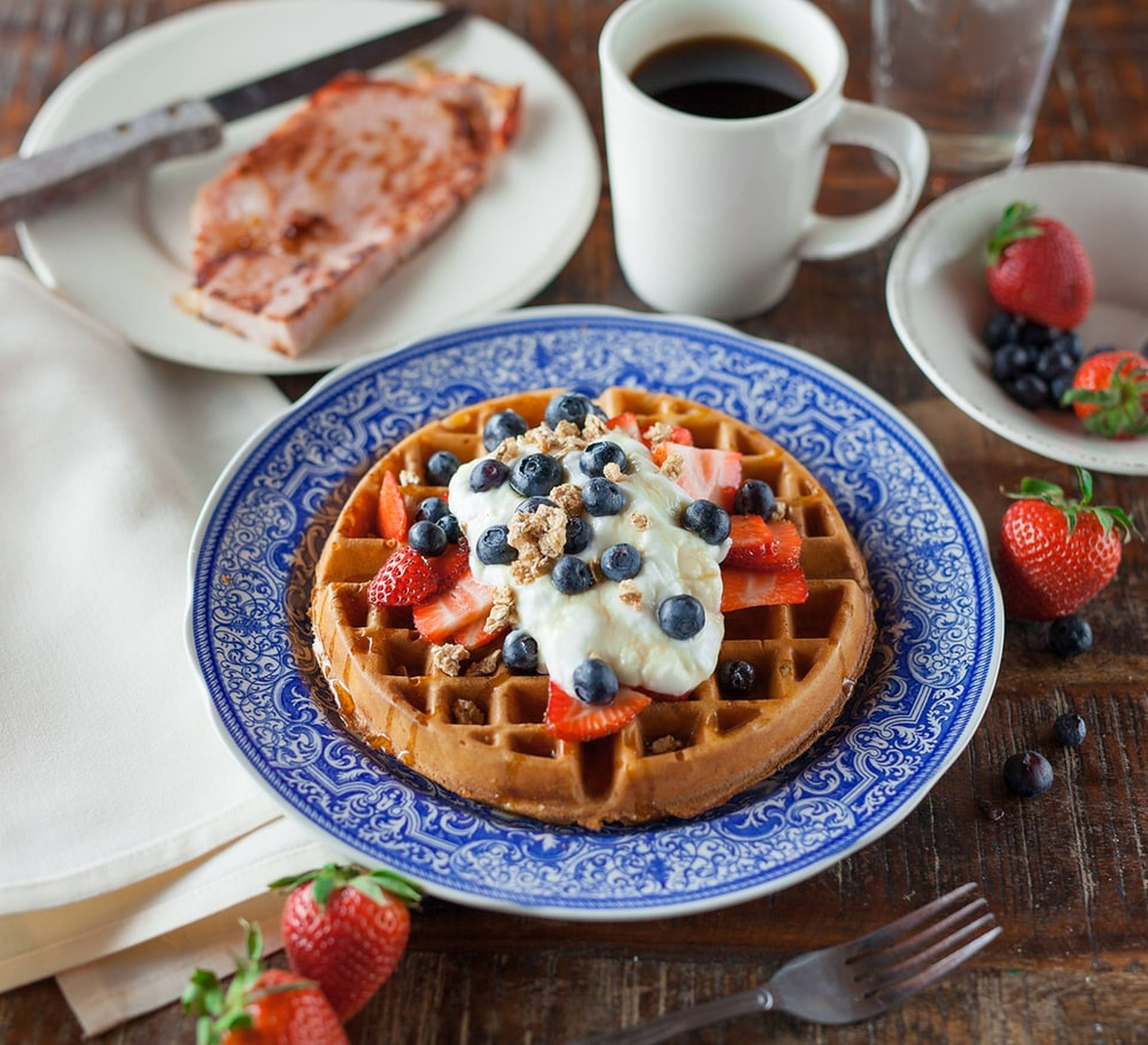 Blueberries Waffle Breakfast Background