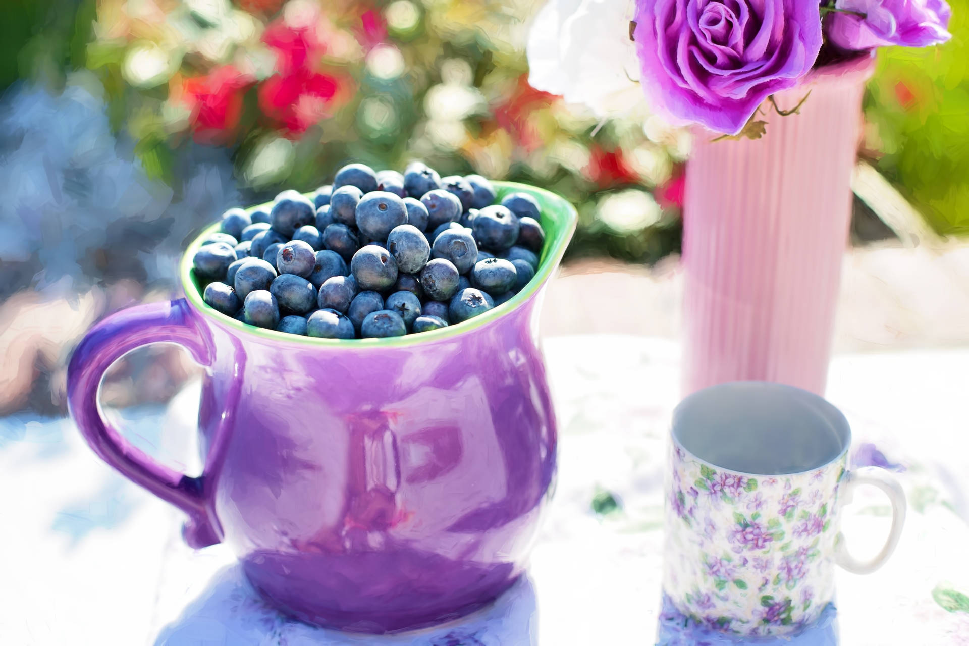 Blueberry Filled Purple Ceramic Jug Background