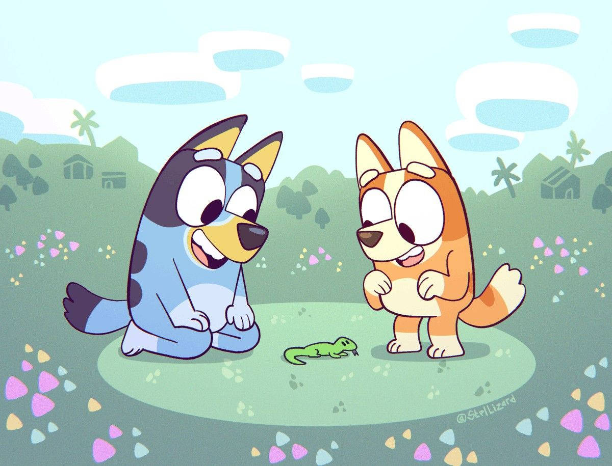 Bluey And Bingo Looking At Lizard Background