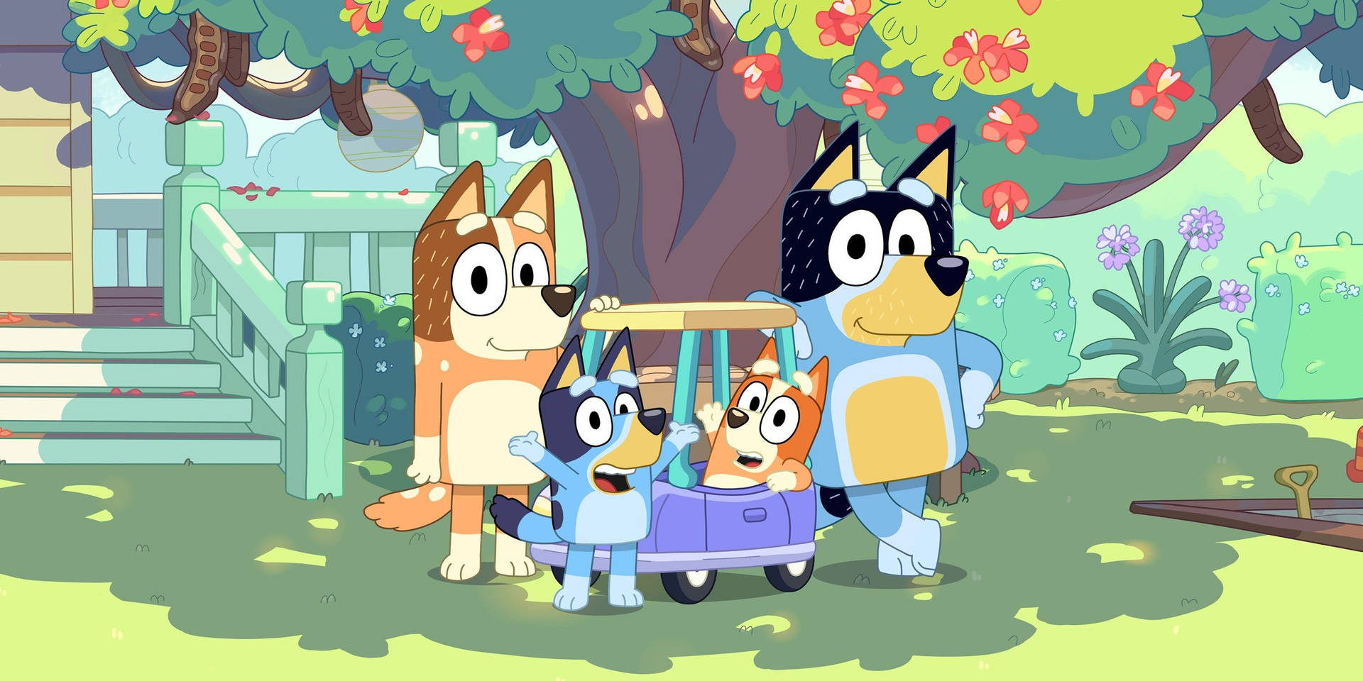 Bluey Family In Front Of House Background