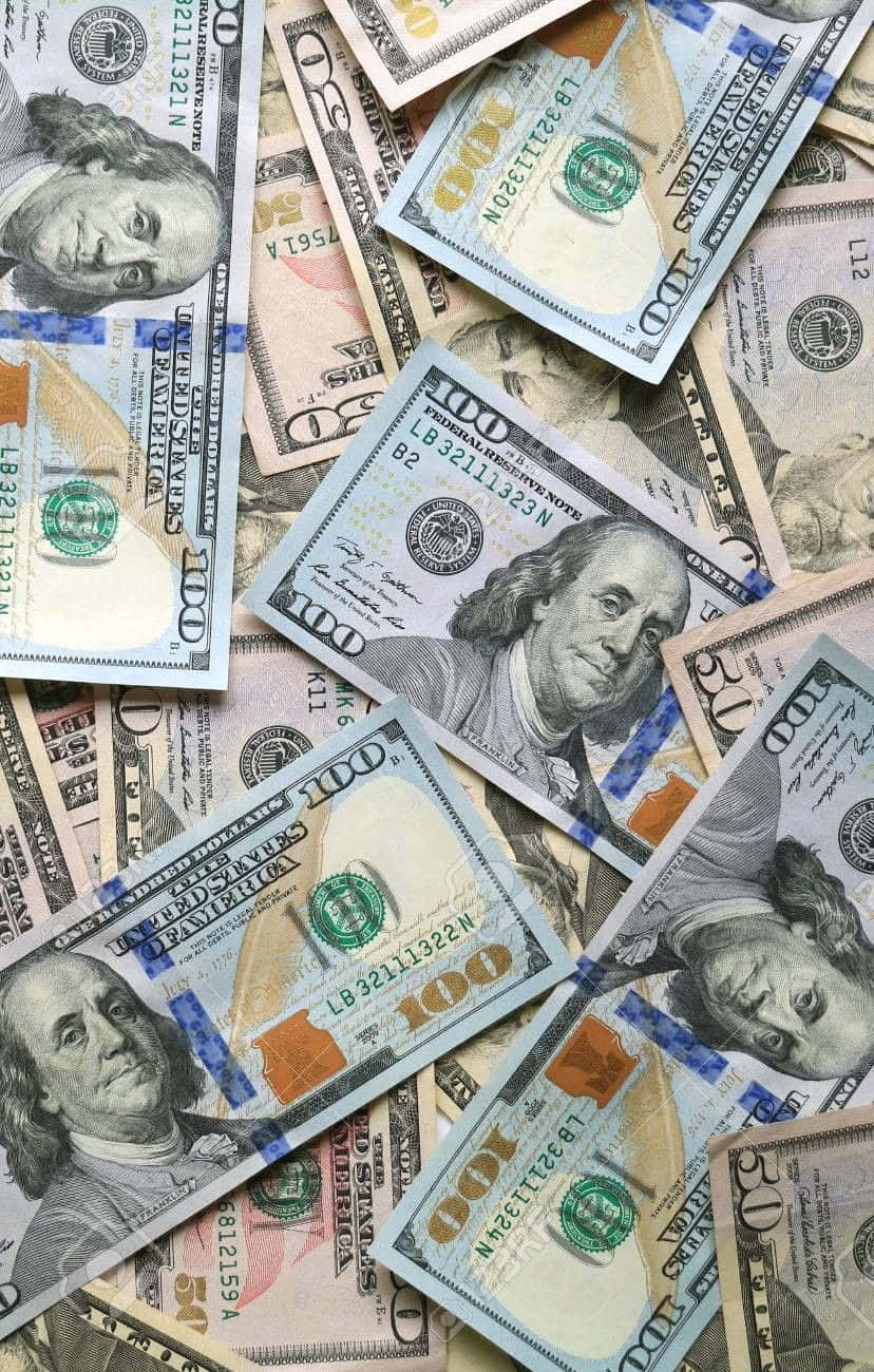 Bluish 100 Dollar Bill Pile For Phone Background