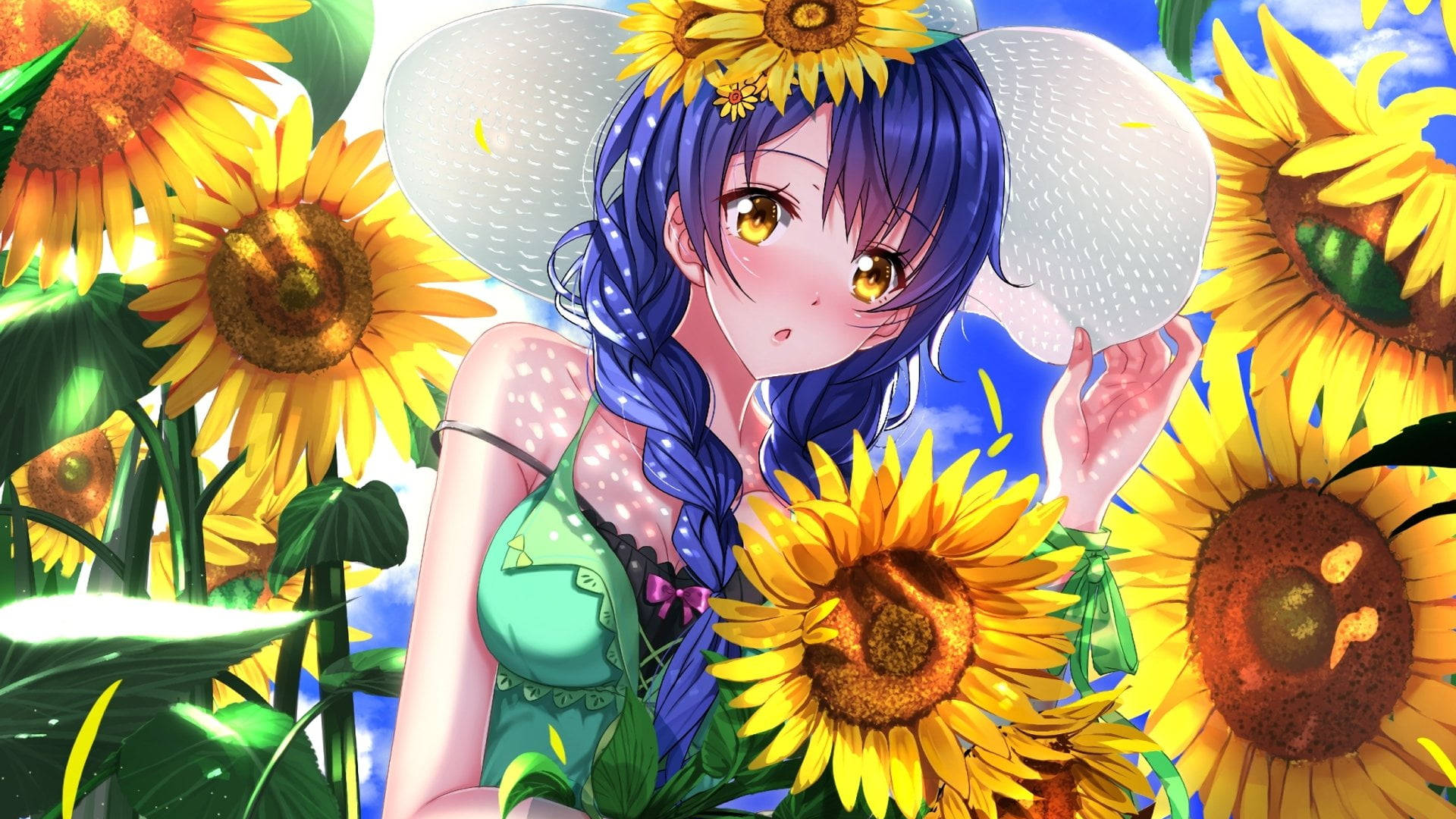 Blushing Anime Sunflower Laptop Background