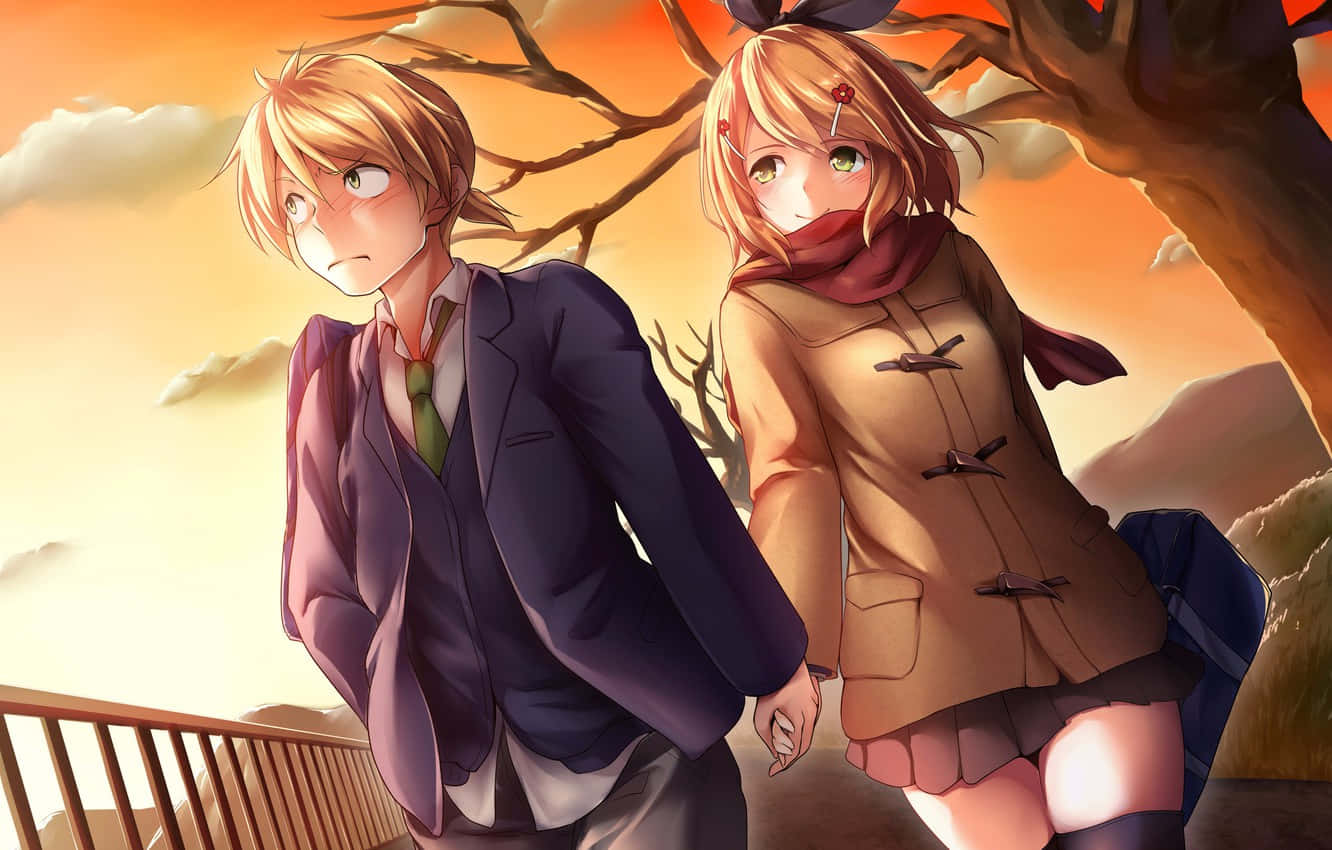 Blushing Couple In Sunset Romance Anime