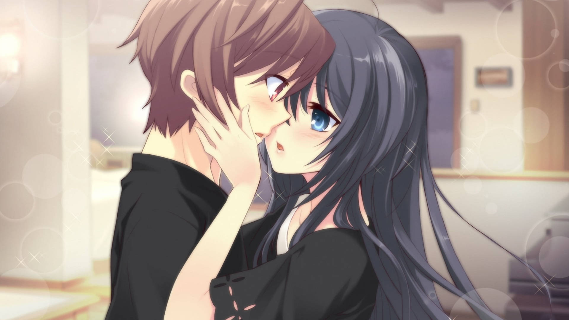 Blushing Cute Anime Couple Background